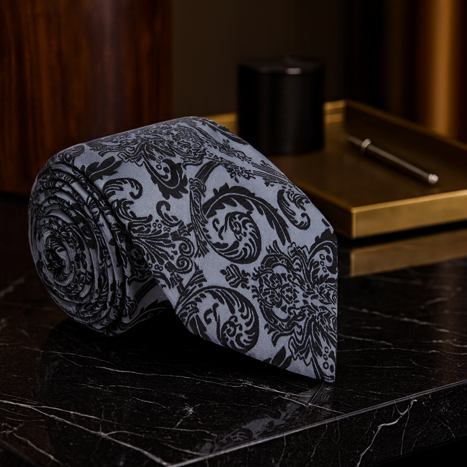 A Silver, Black Floral Pattern Necktie 