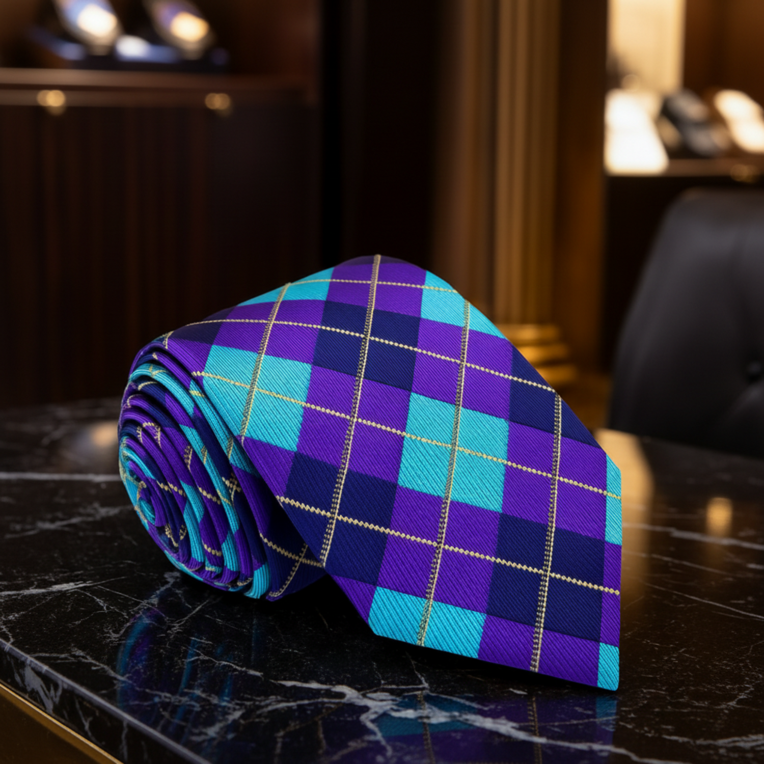 Purple and blue checkered tie on a dark surface