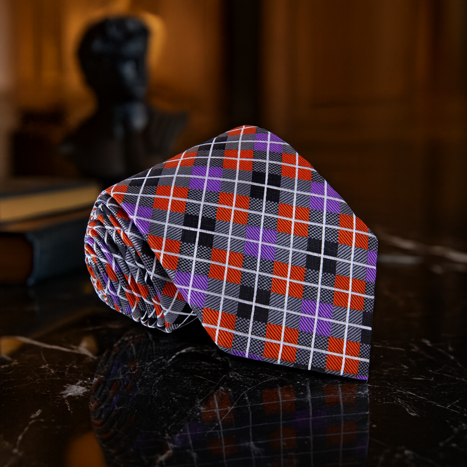 Plaid tie with purple, red, and black pattern on a dark surface