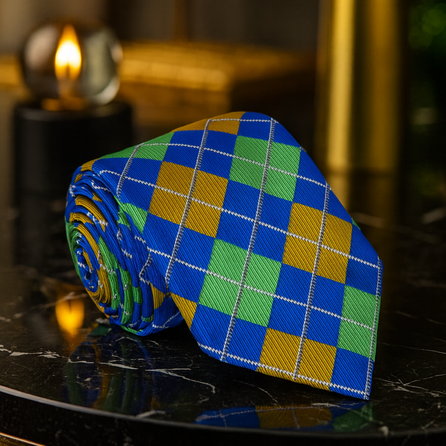 Folded checkered tie with blue, green, and yellow pattern on a dark surface.