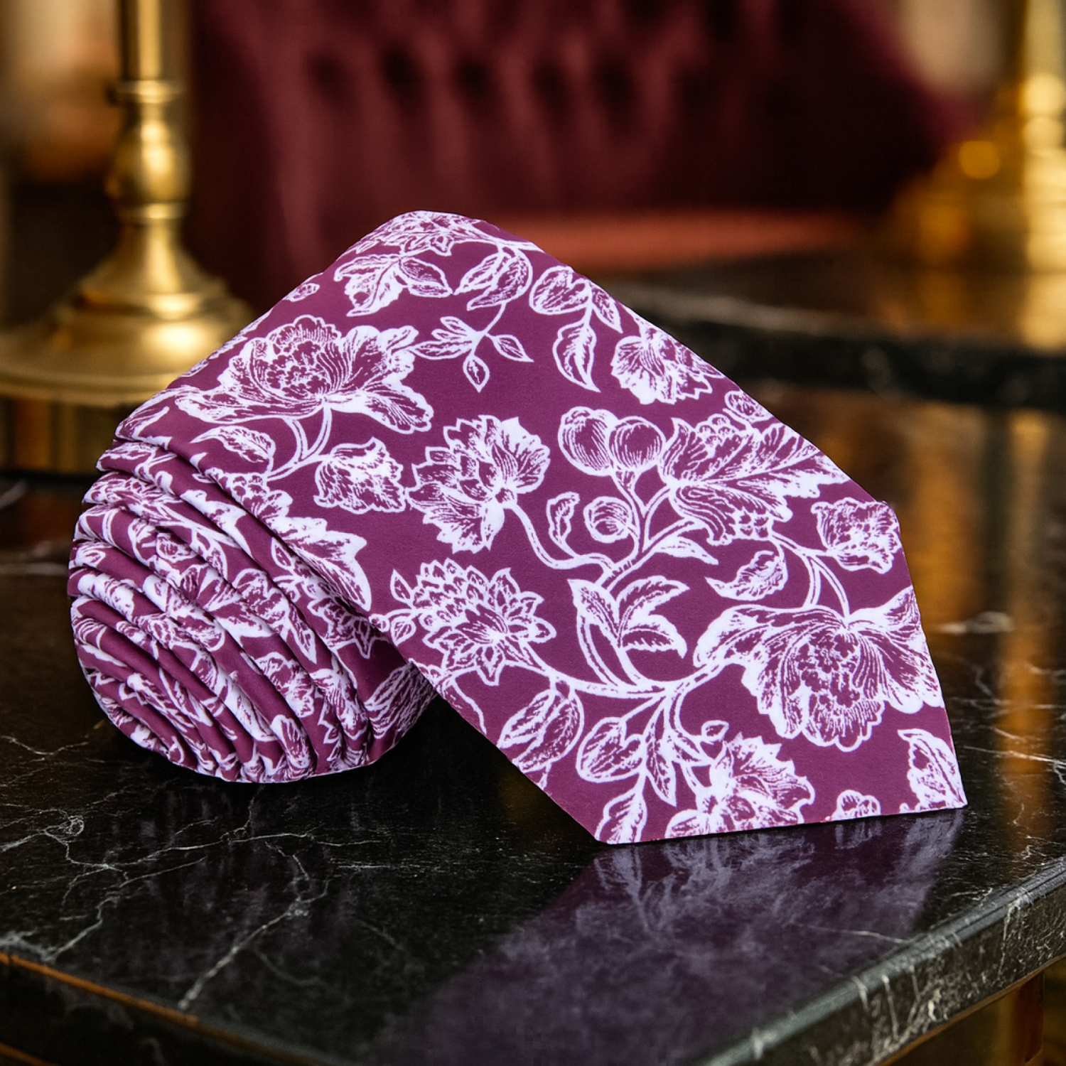 Purple floral-patterned tie on a dark surface with a blurred background