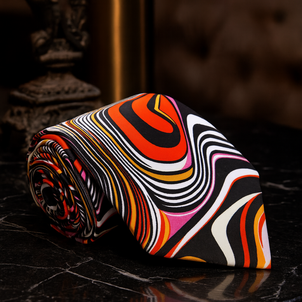 Colorful tie with a swirling pattern on a dark surface