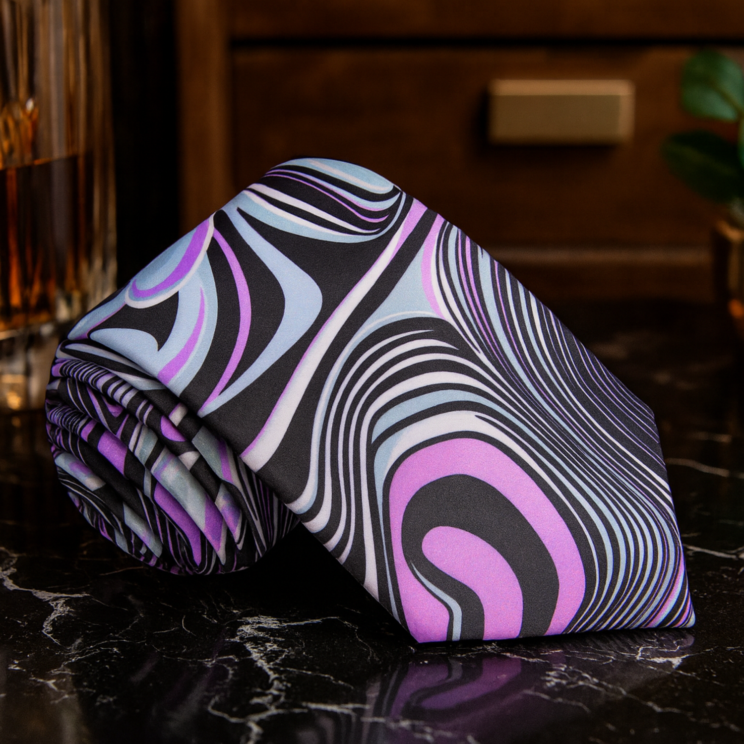 Pink, Light Blue, Black Abstract Tie 