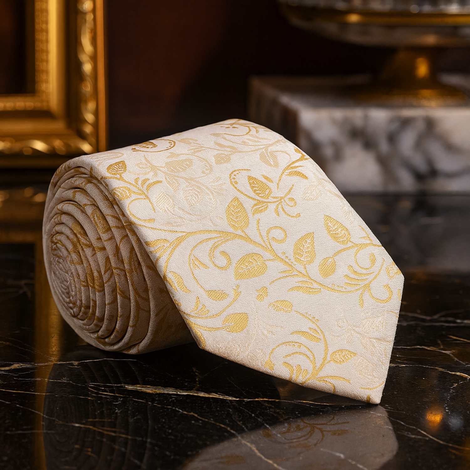 A Beige, Tan Floral Pattern Necktie 