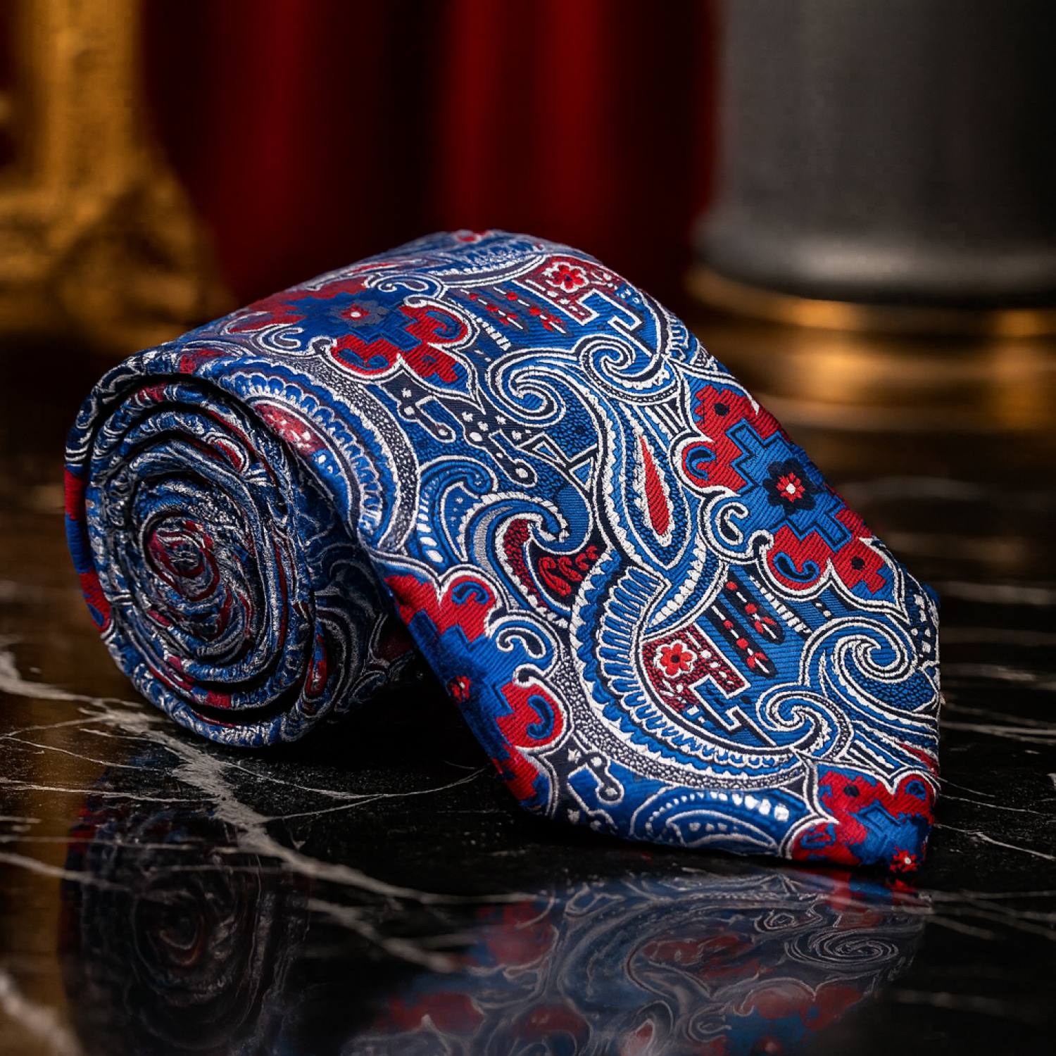 Blue, Red, and White Paisley Necktie | Intricate Detail with Bold Color Harmony