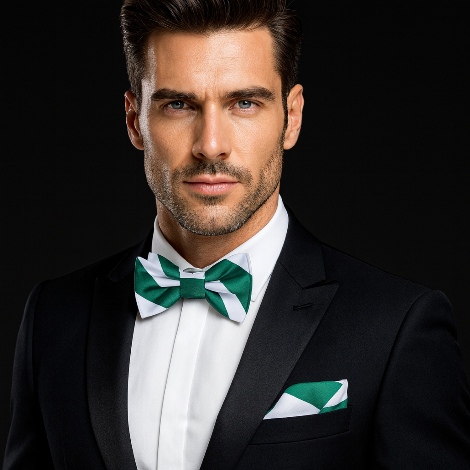 Man wearing a black tuxedo with a green bow tie and pocket square on a black background