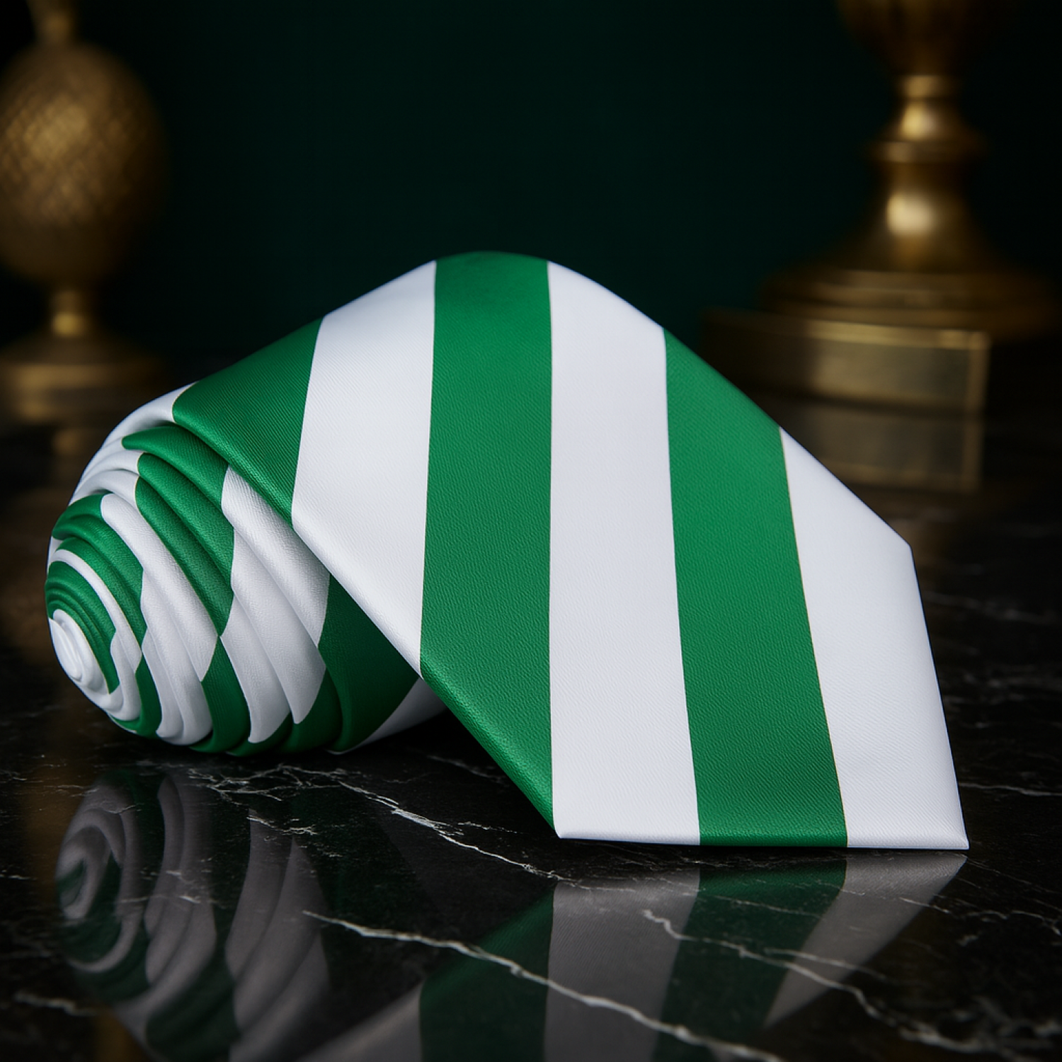 Green and white striped tie on a dark surface