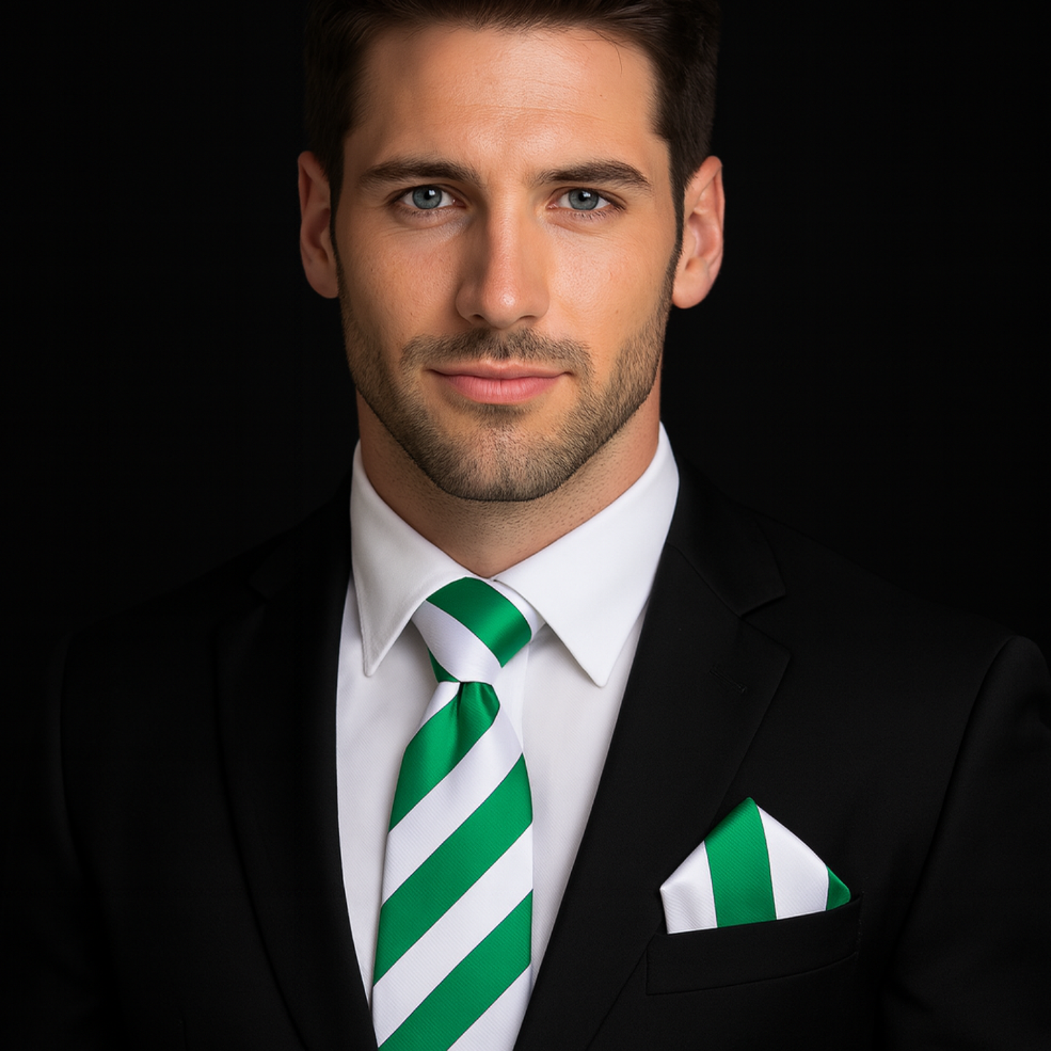 Man wearing a black suit with a green and white striped tie and pocket square on a black background