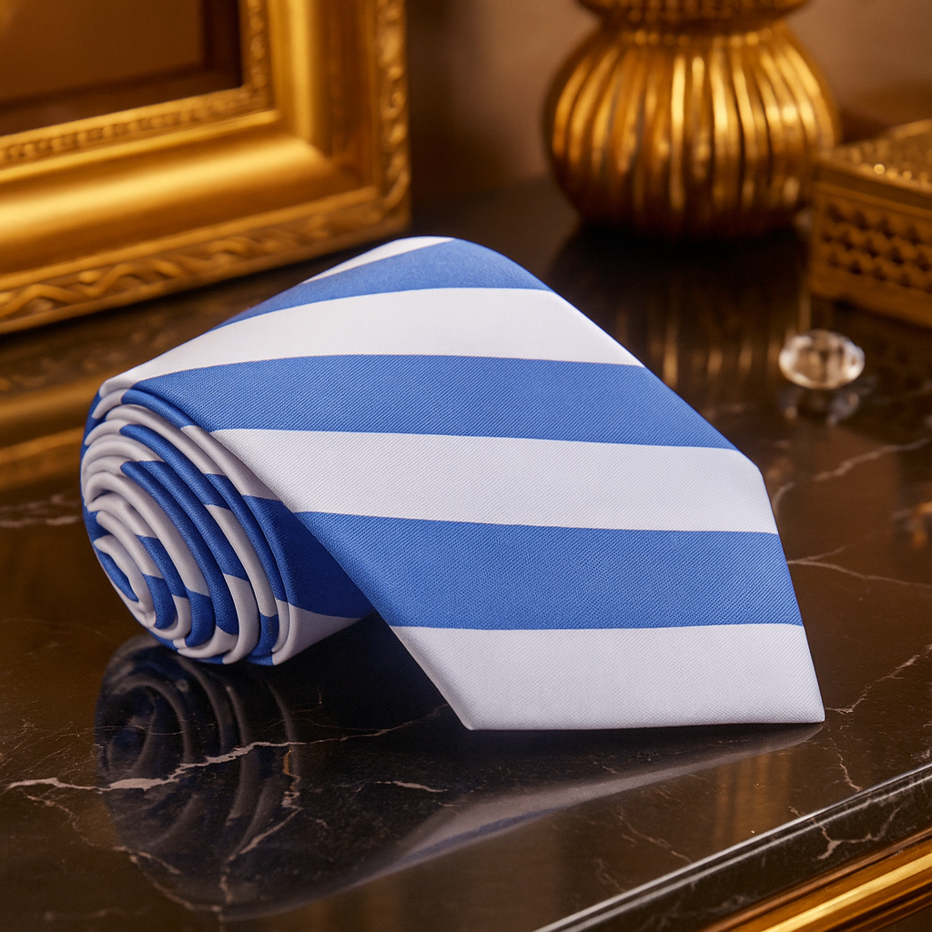 Blue and white striped tie on a reflective surface with decorative background