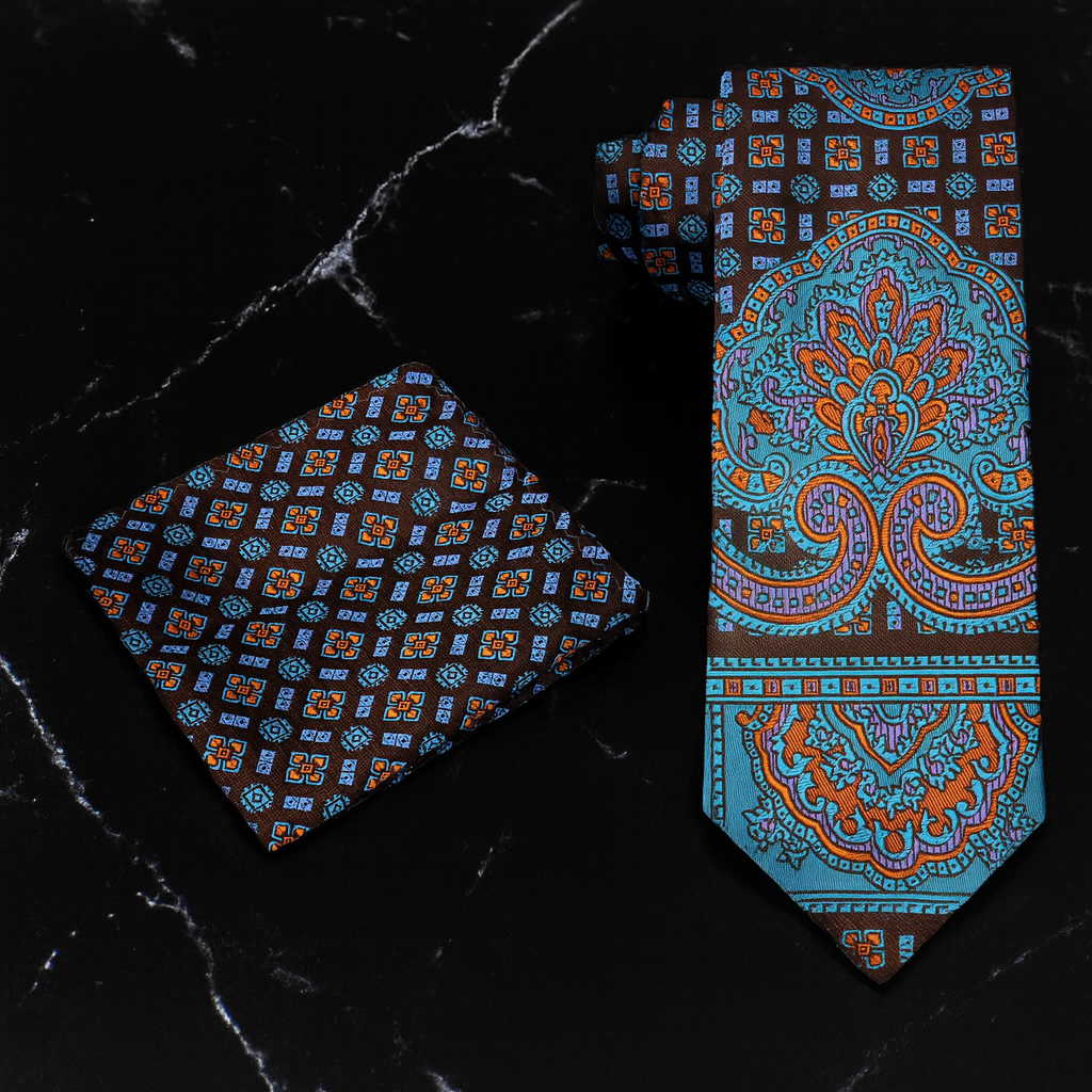 BrownTealOrangeFlamencoPaisleyTieandSquare2