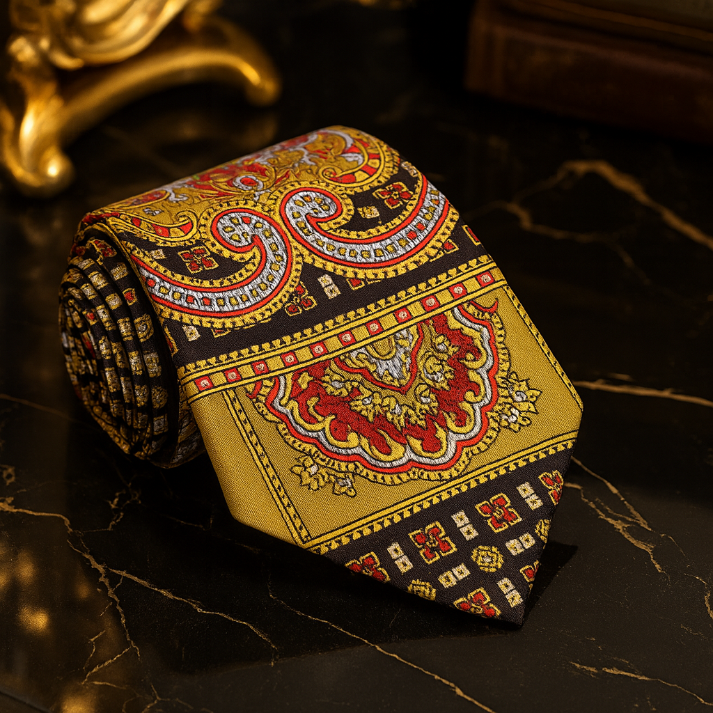 Decorative tie with intricate patterns on a dark surface