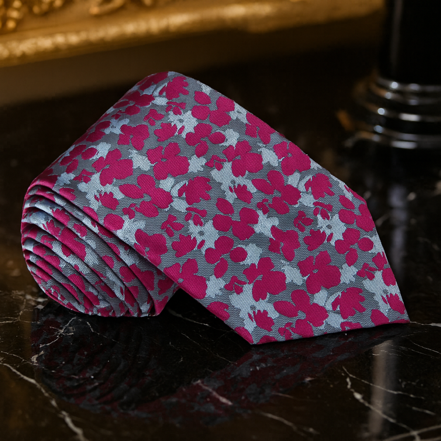 Single Tie: Reddish Pink and Shades of Grey Flowers Necktie 