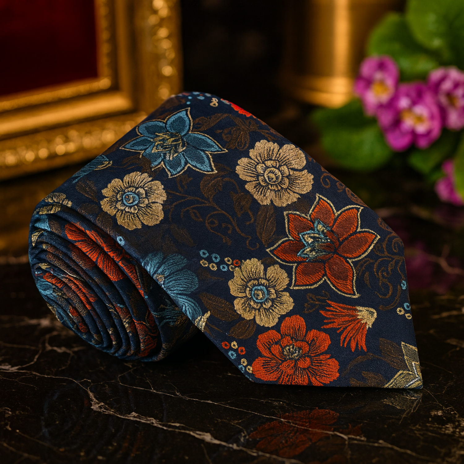 Floral Necktie | Deep Blue, Orange, Red & Brown