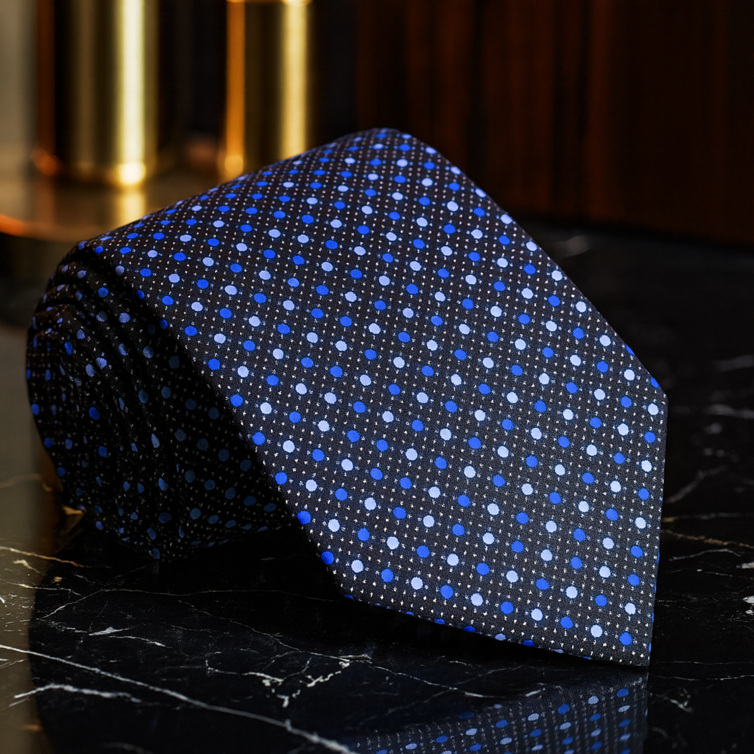 Blue polka dot tie on a dark surface with blurred background