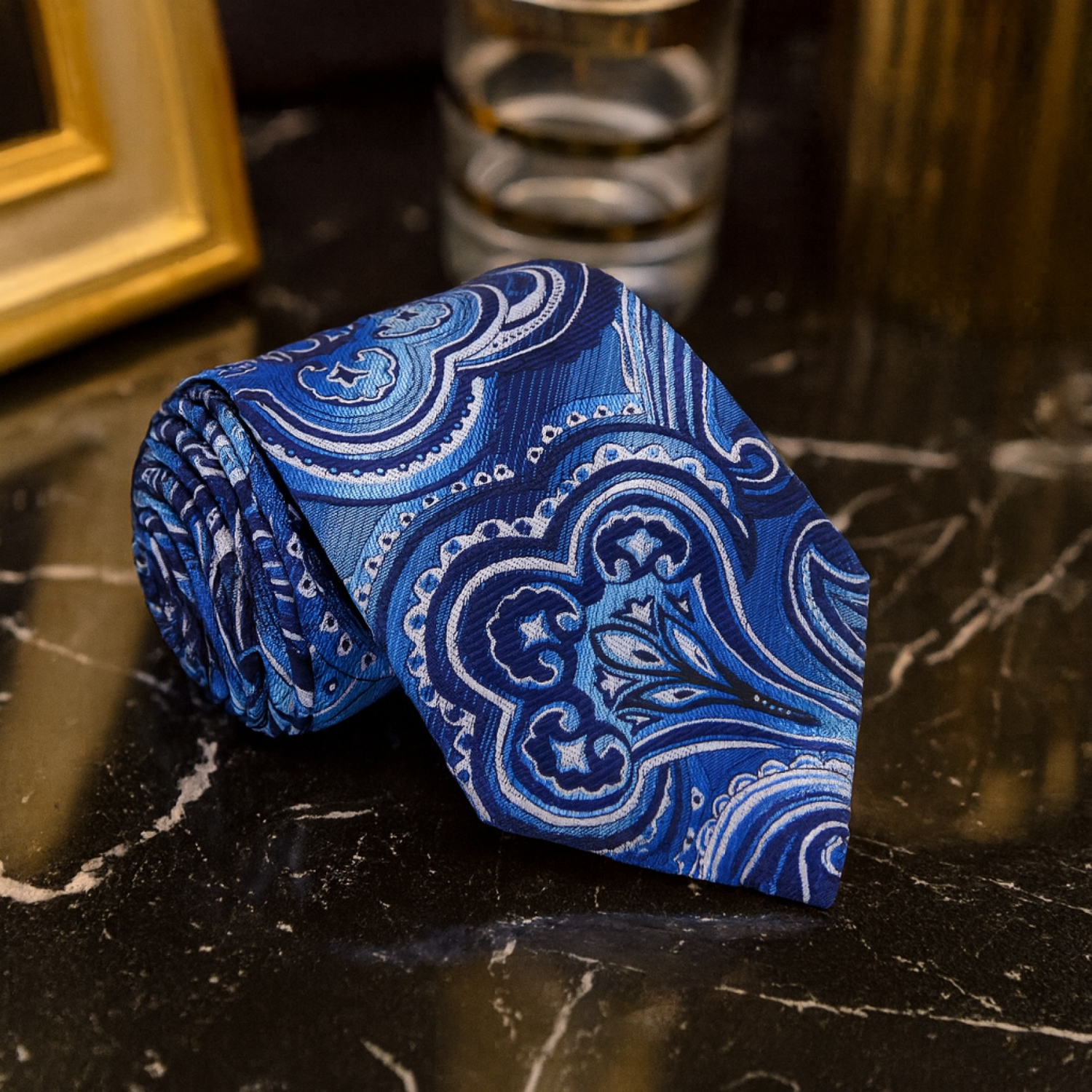 Blue paisley tie on a dark marble surface