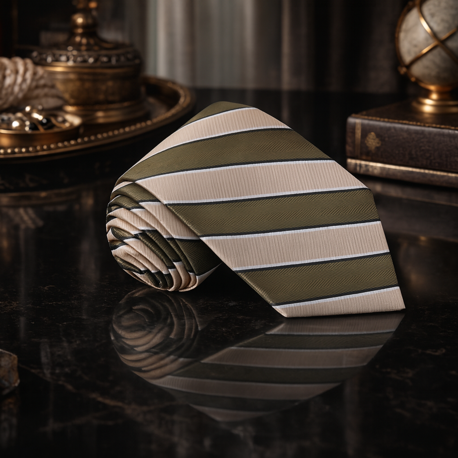Rolled-up striped tie on a reflective surface with decorative items in the background