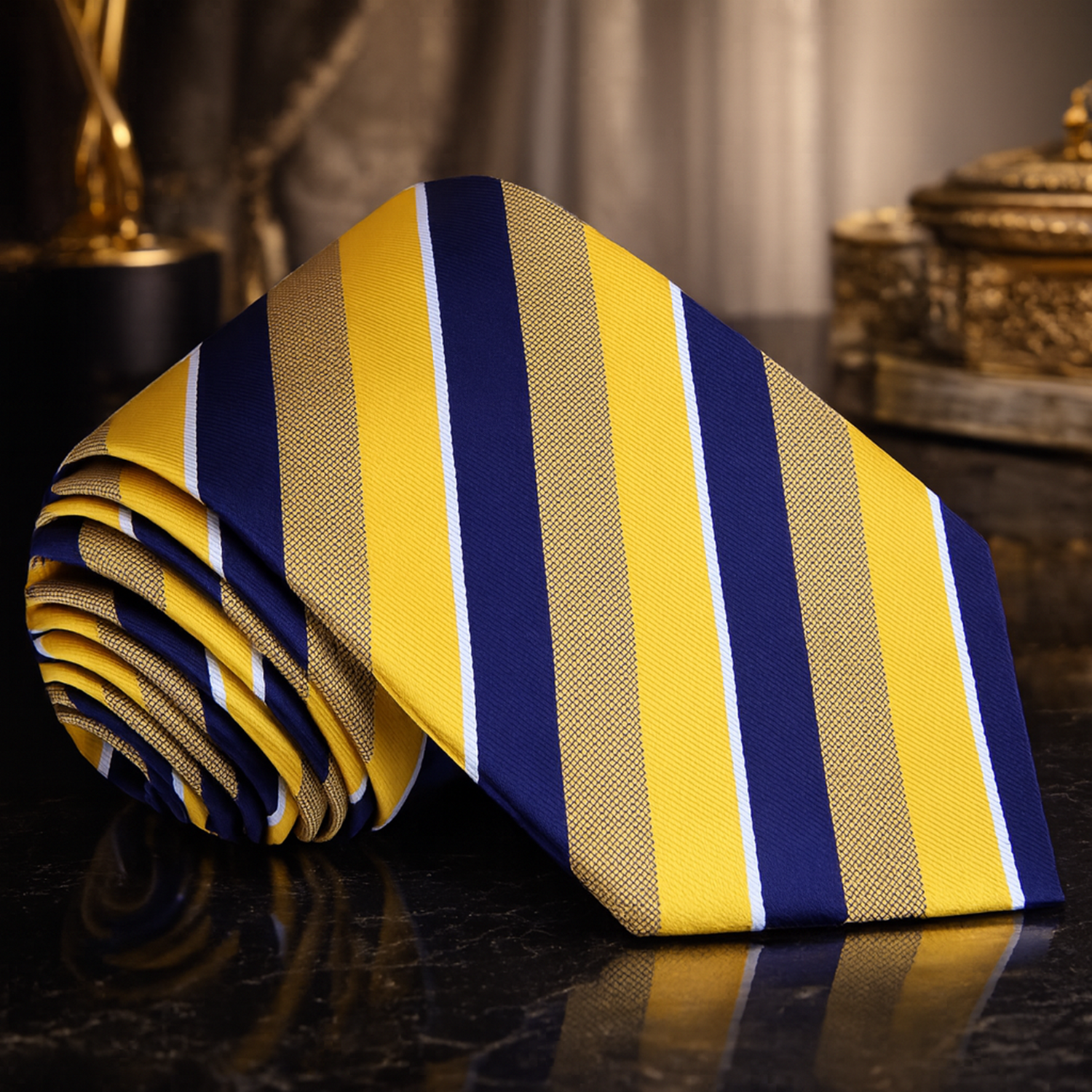 Striped tie with blue and yellow pattern on a reflective surface