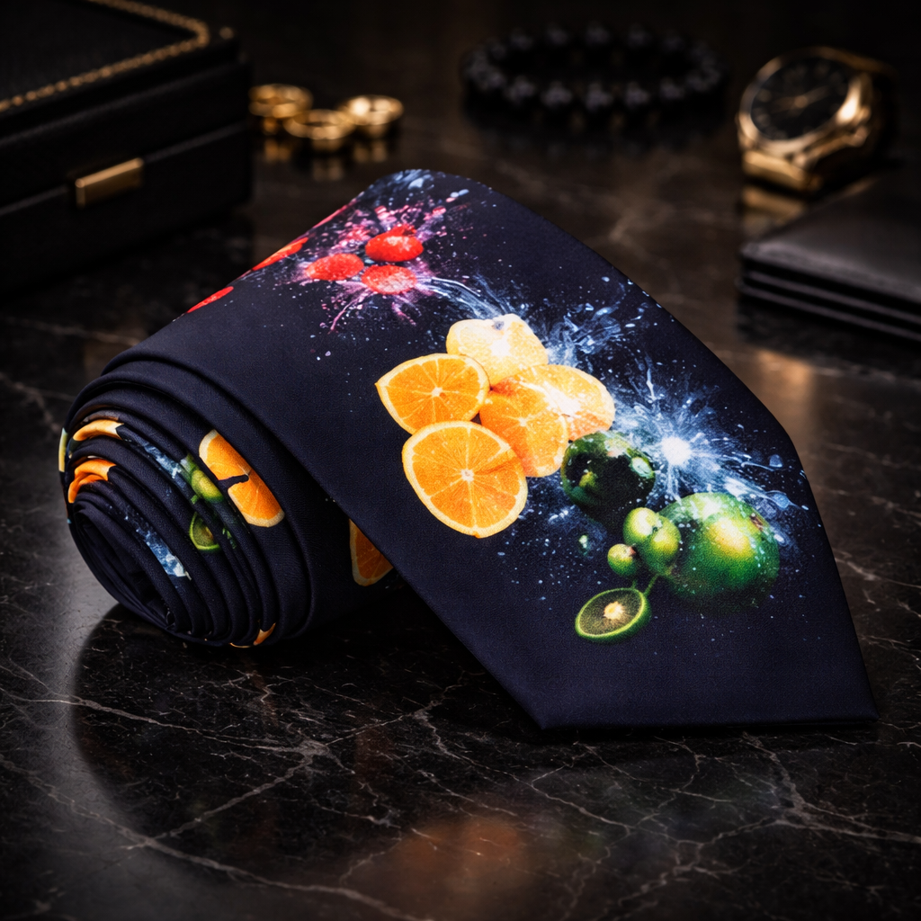 Colorful tie with fruit design on a dark surface