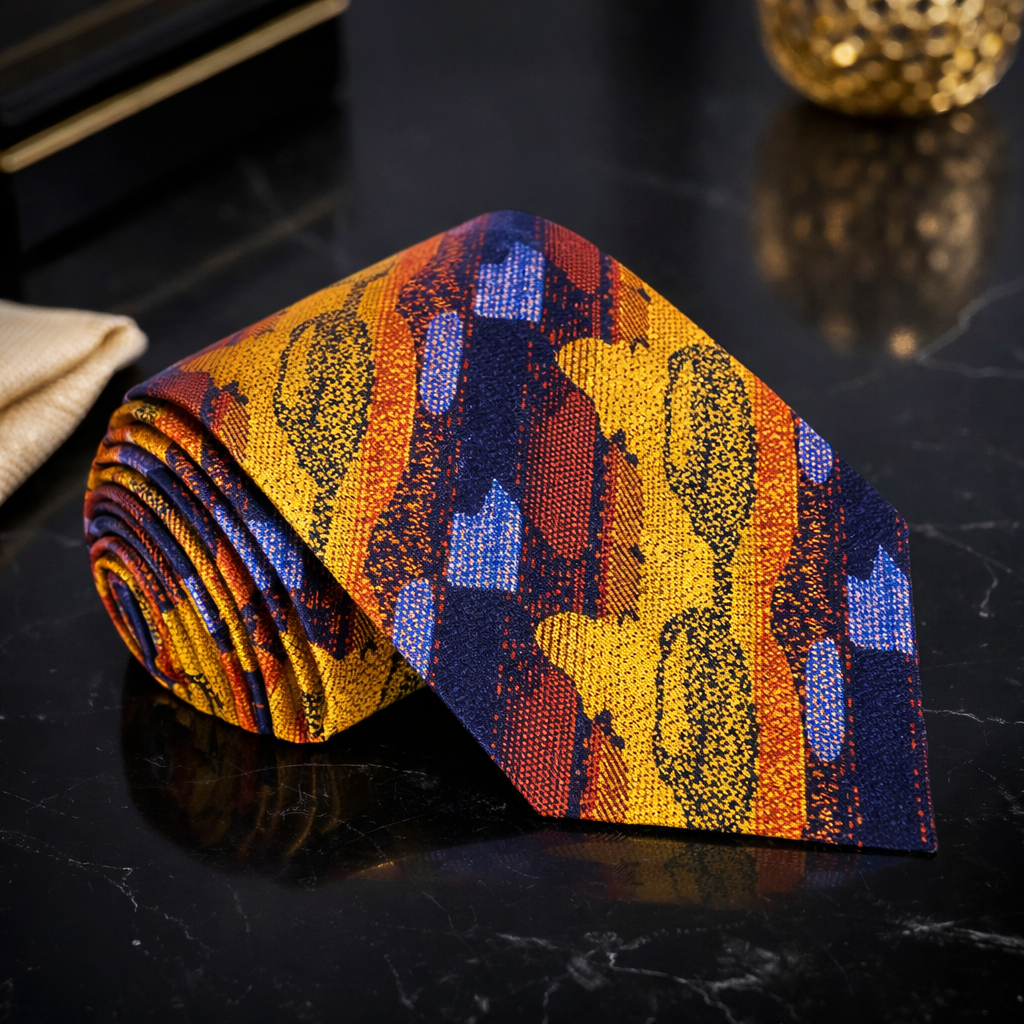 Colorful patterned tie on a dark surface