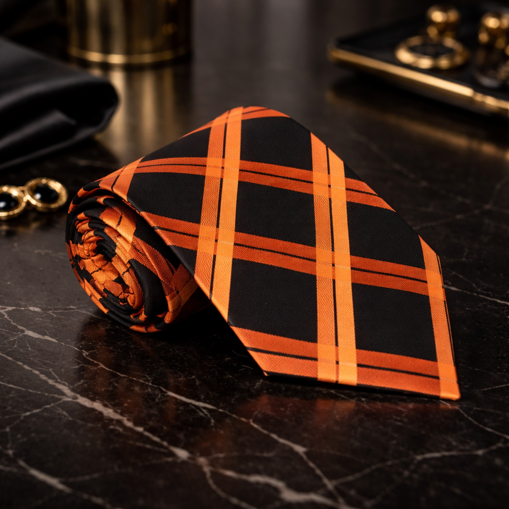 Orange and black plaid tie on a dark marble surface
