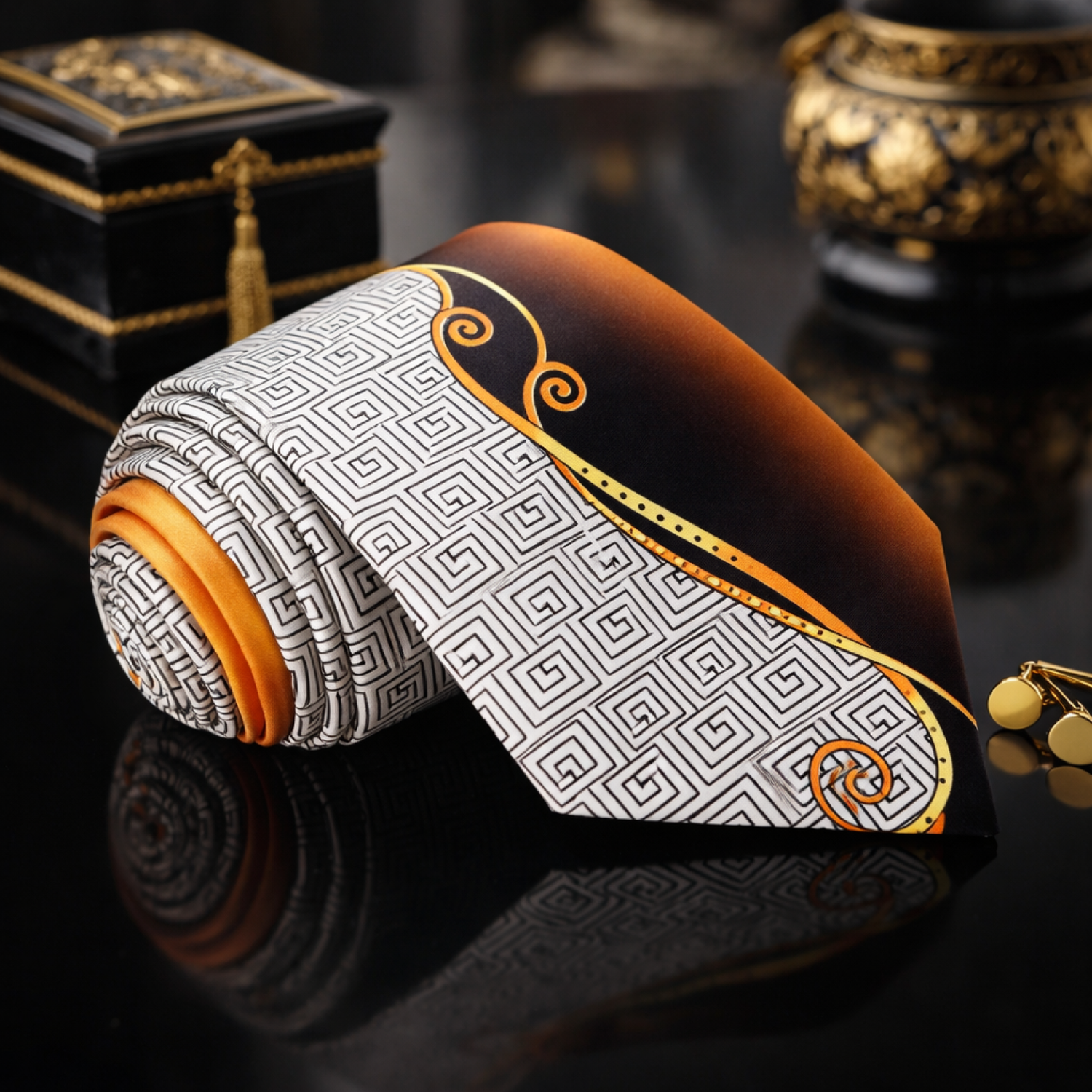 Decorative tie with geometric pattern on a reflective surface