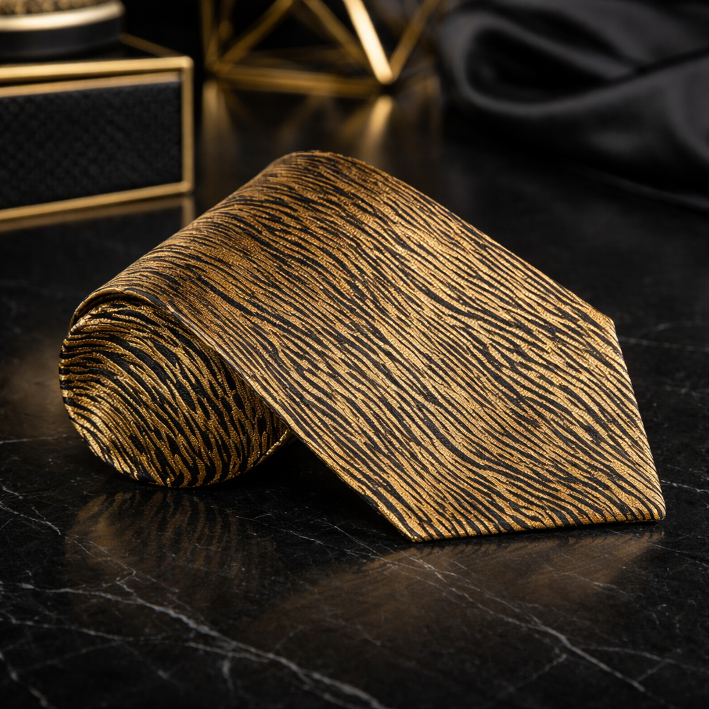 Folded gold and black striped tie on a dark surface