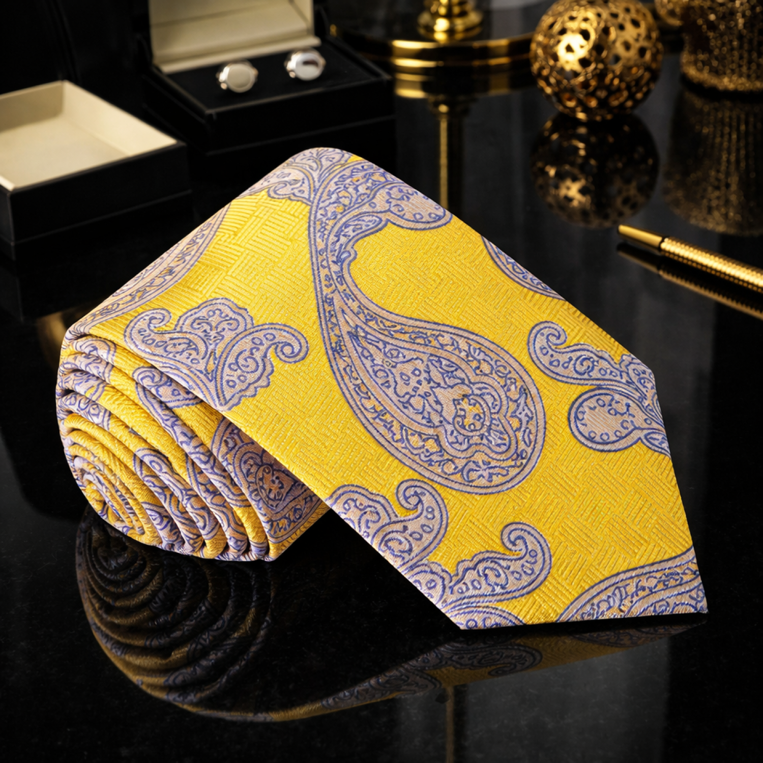 Yellow, White & Blue Paisley Necktie