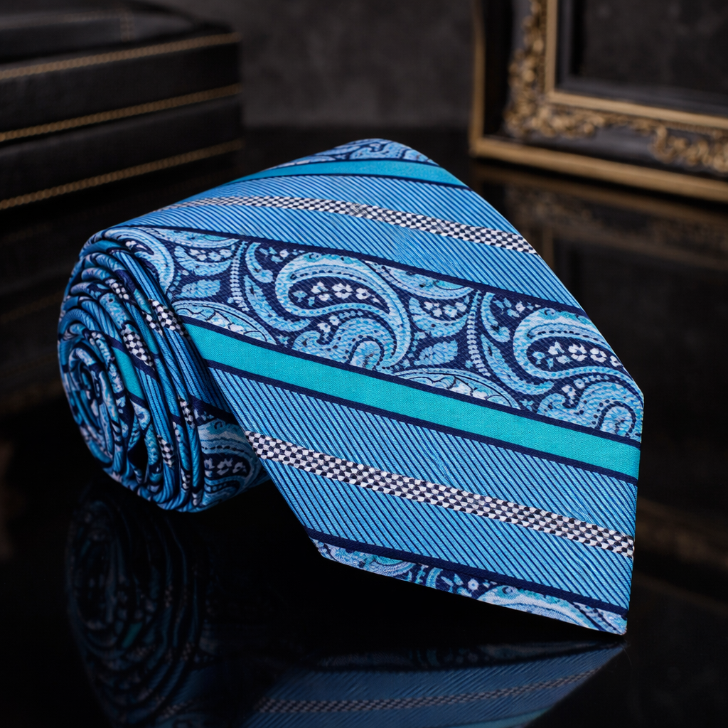Blue paisley patterned tie on a dark background