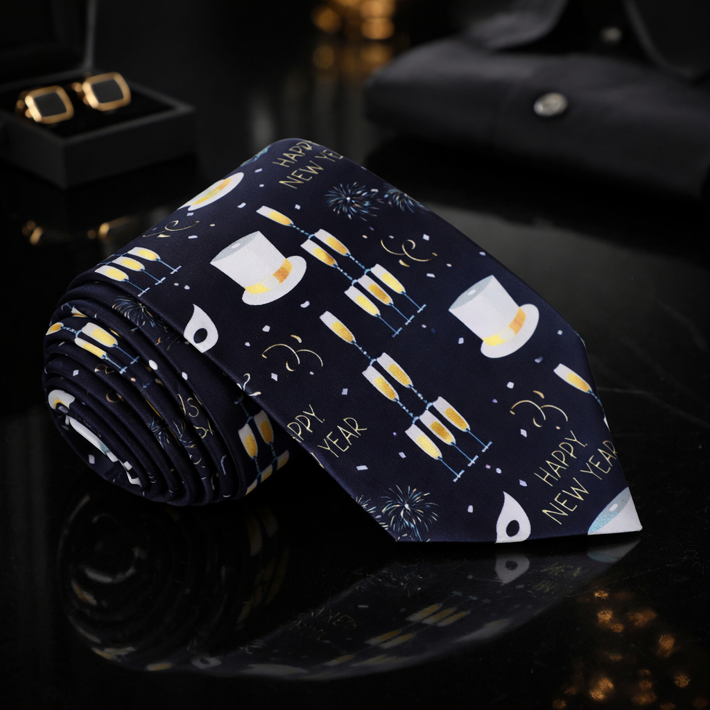 Black, Gold, White Happy New Year Tie   2