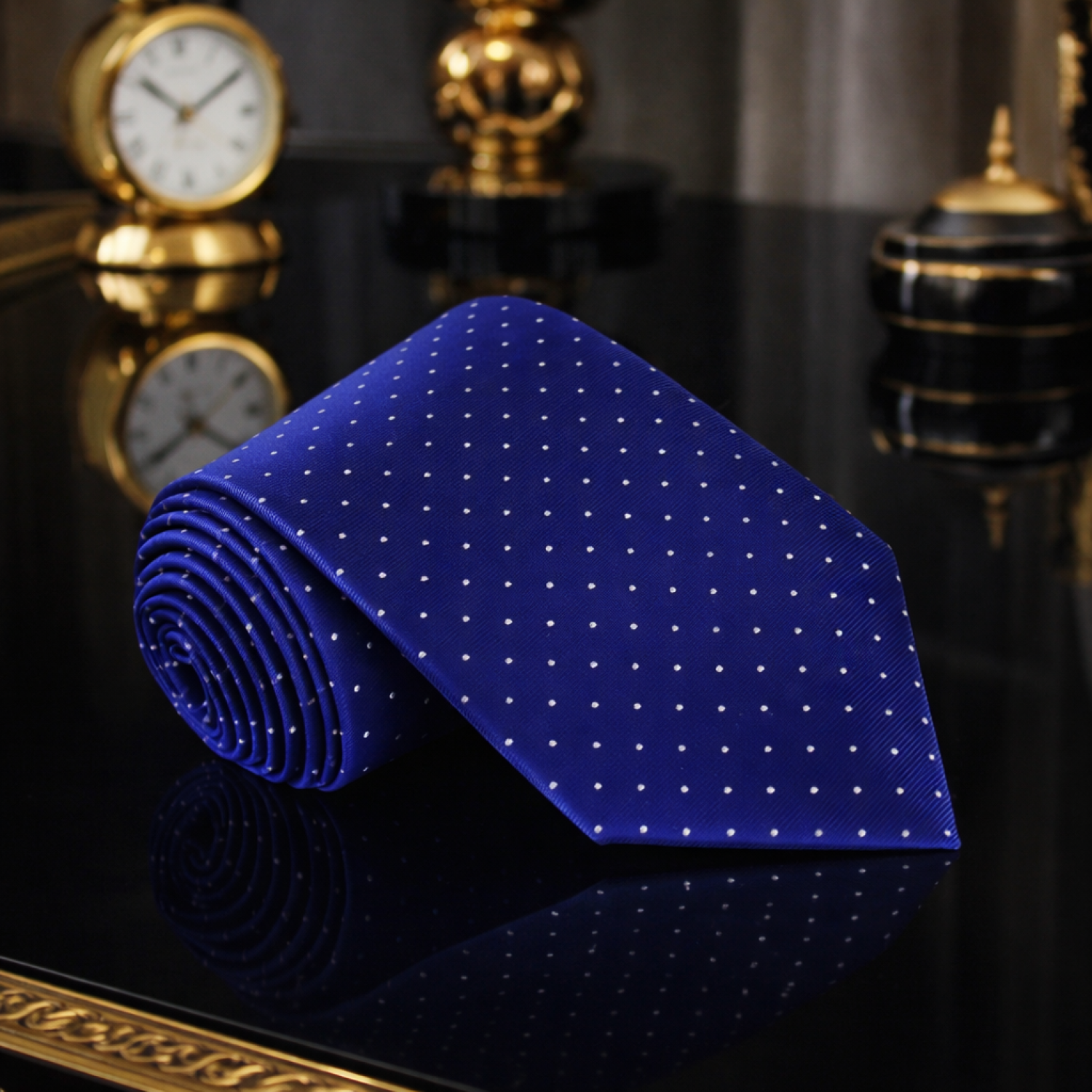 Dark Blue Necktie with Small White Dot Thin Pattern