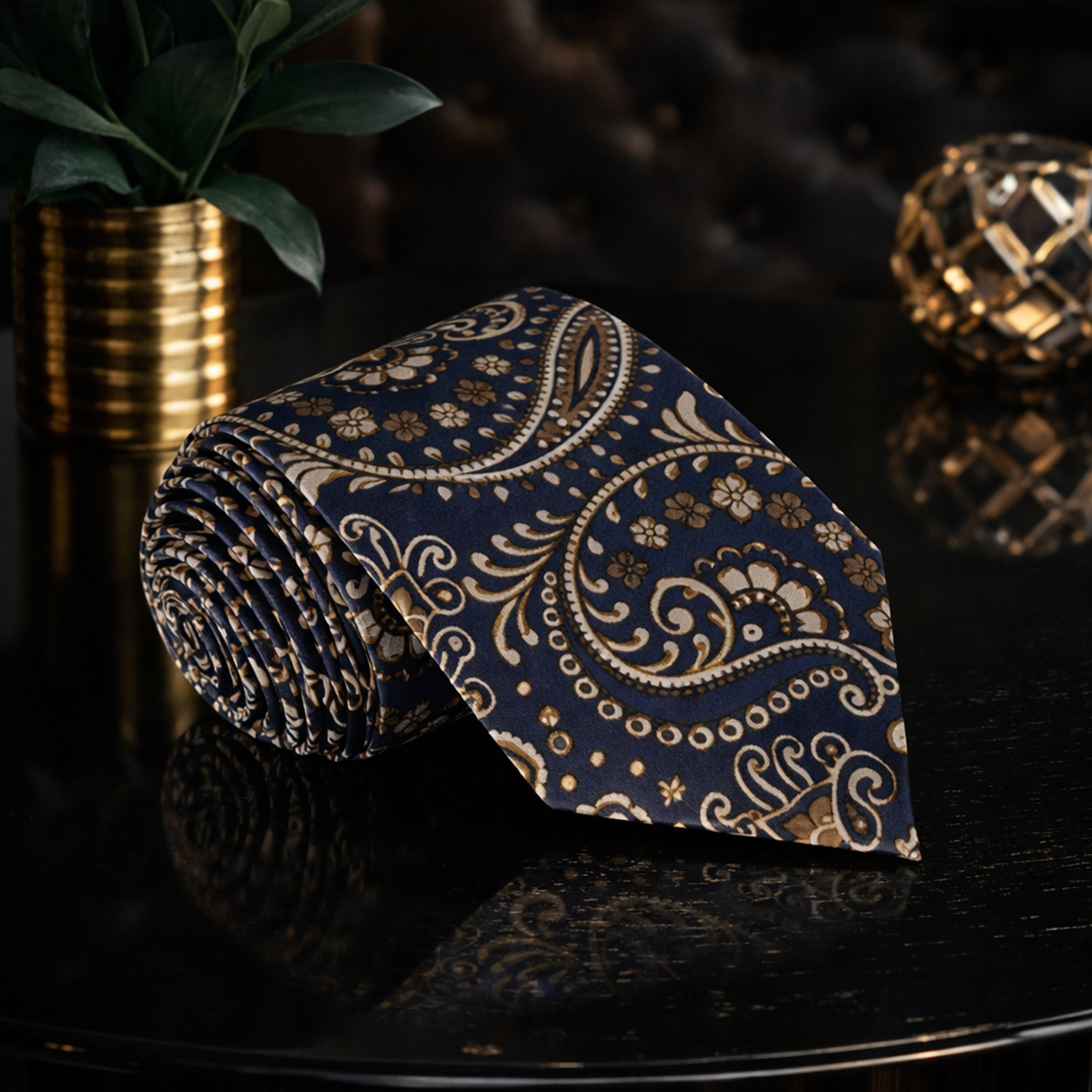 Blue paisley tie on a reflective surface with decorative background