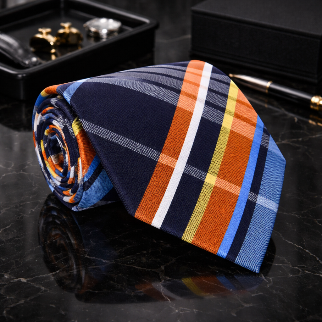 A Blue, Orange, Light Blue Plaid Pattern Necktie 