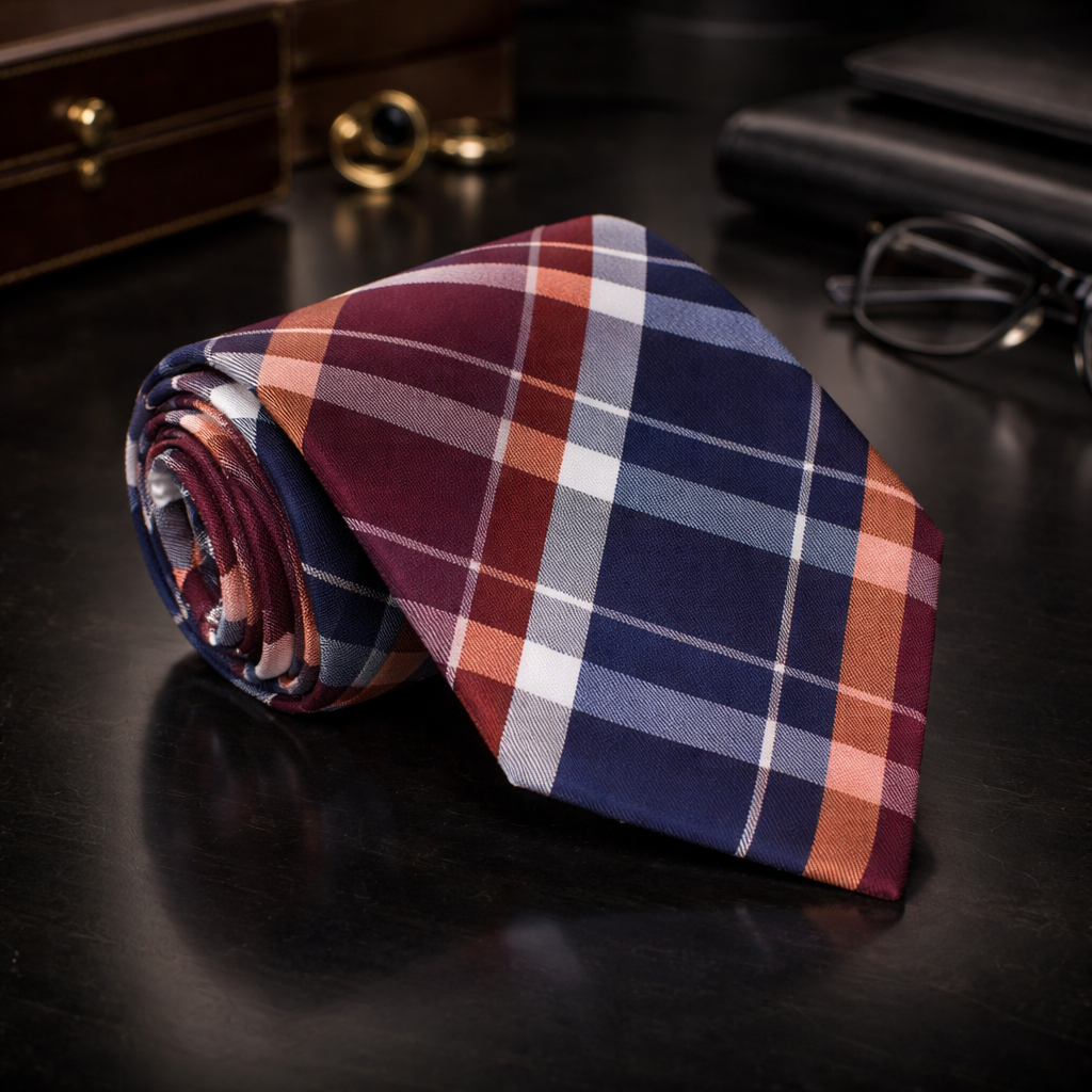 A Blue, Burgundy, White, Orange Plaid Pattern Necktie