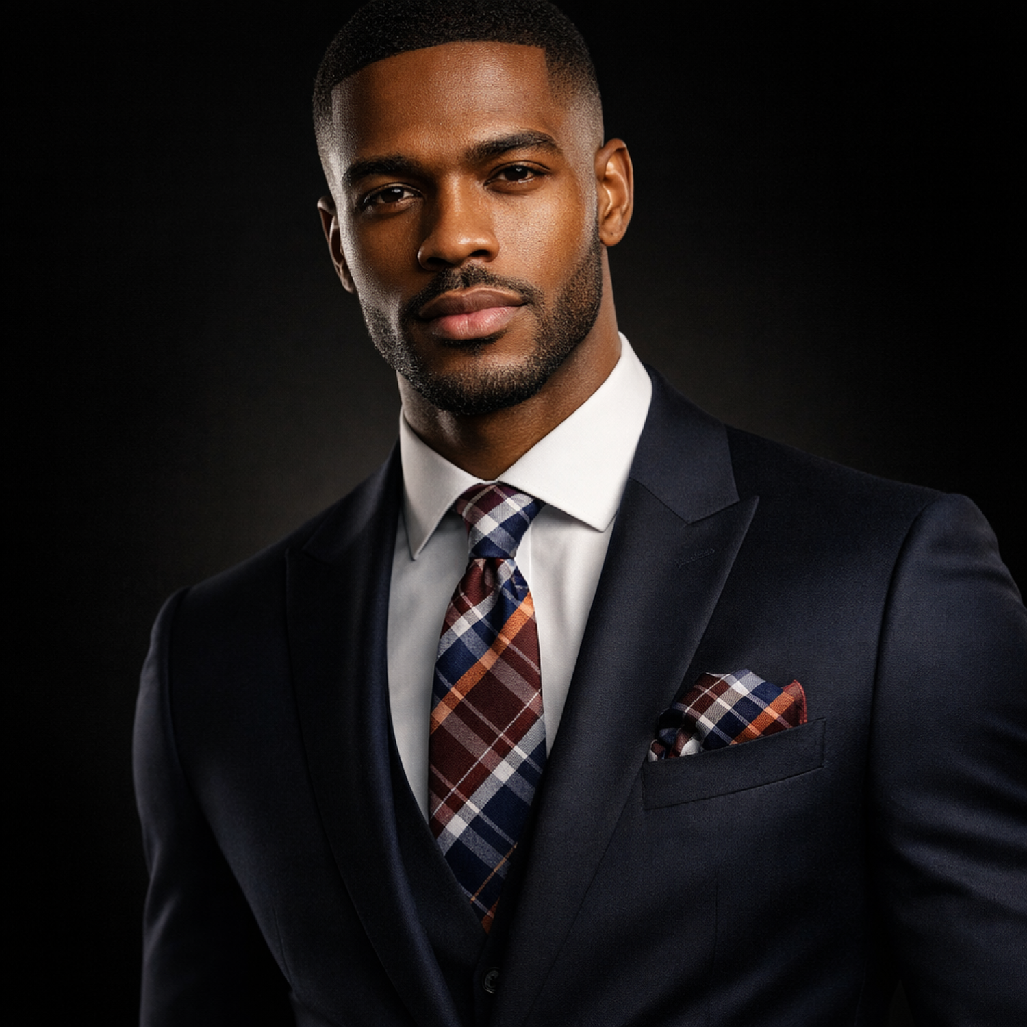 Man wearing a dark suit with a plaid tie and pocket square on a black background