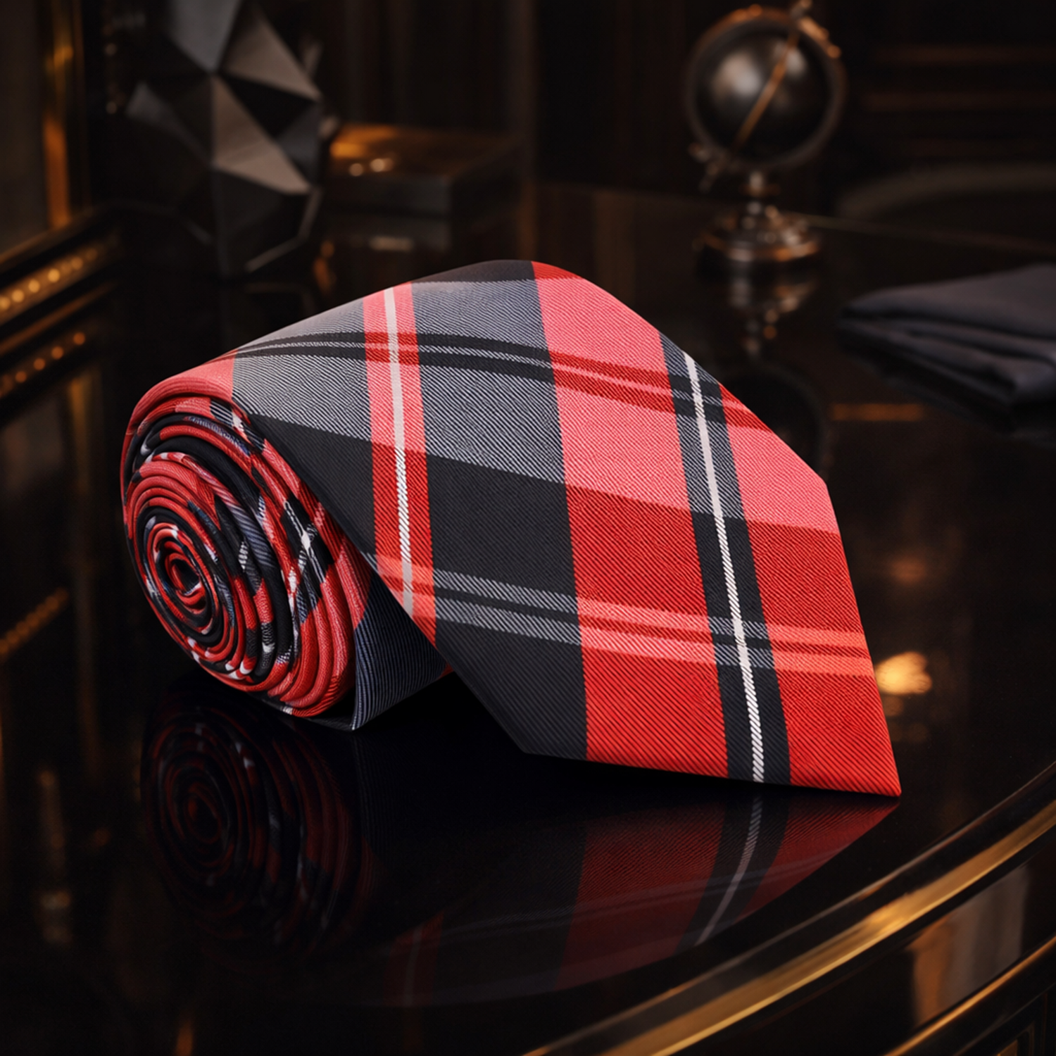 Black, Red and White Plaid Tie  