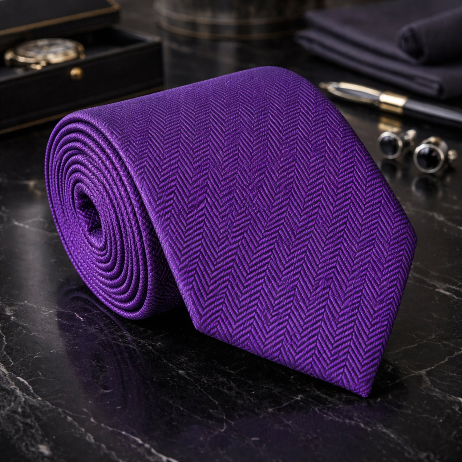 Rolled purple tie on a dark surface with accessories in the background