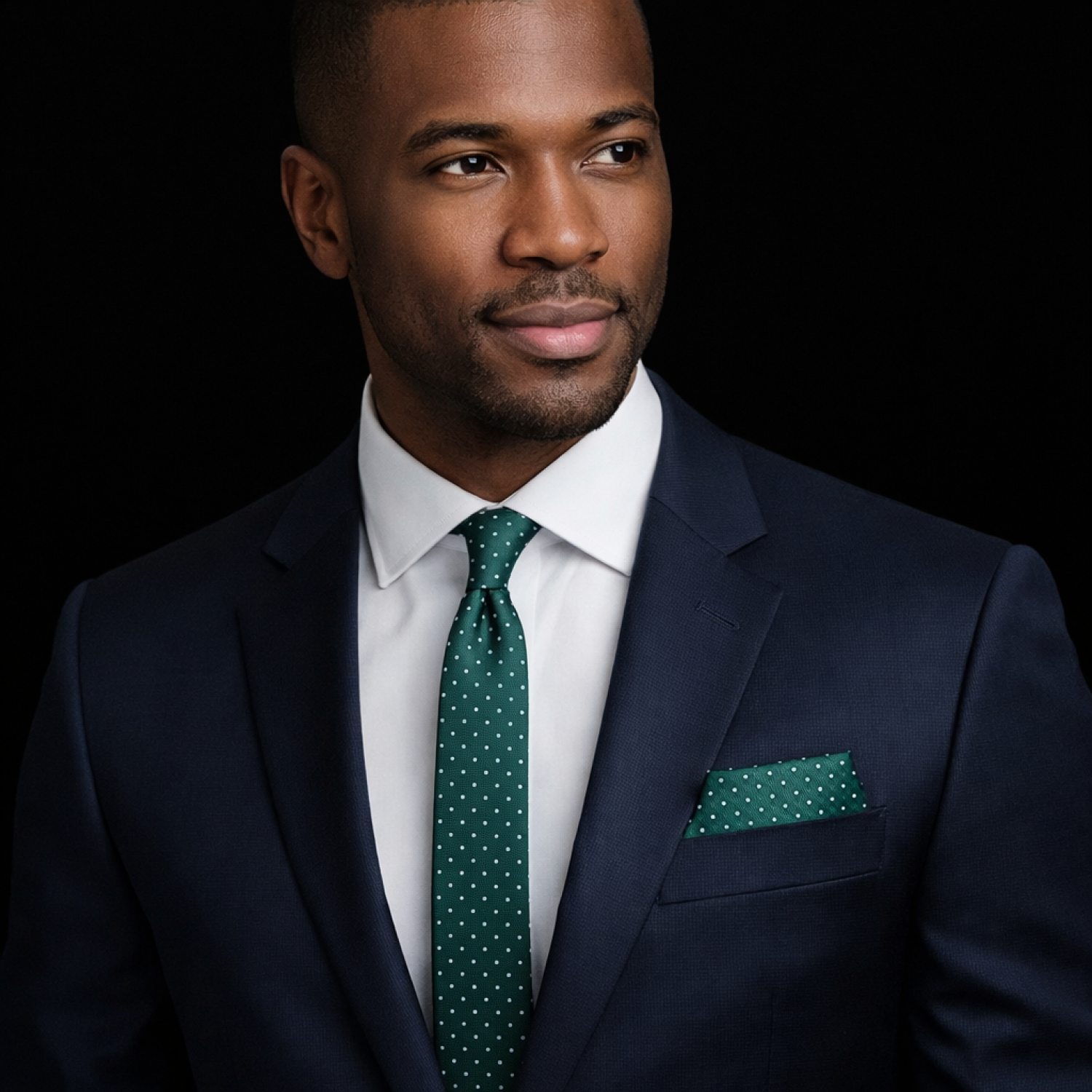 Man wearing a dark suit with a green polka dot thin tie and pocket square against a black background