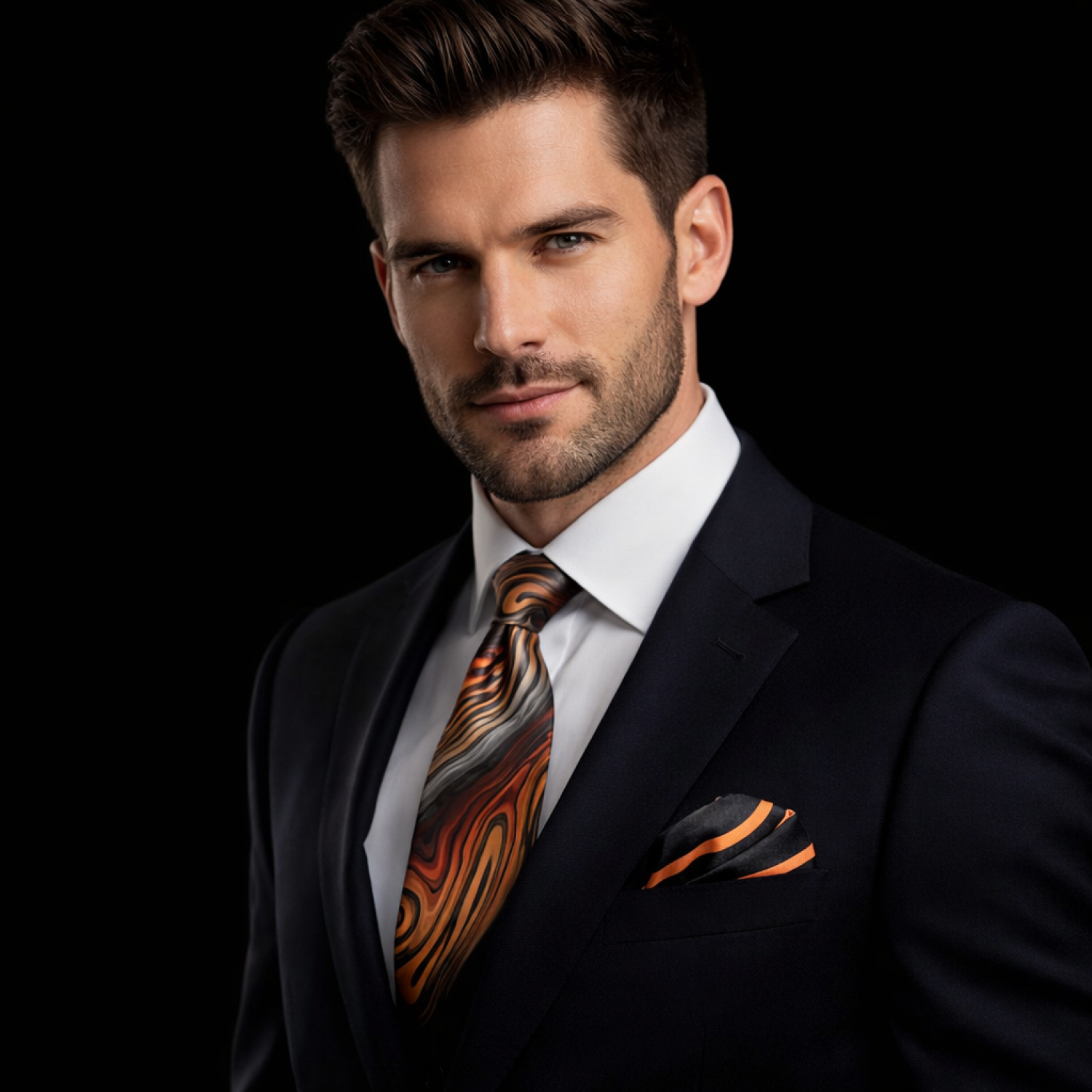 Man wearing a dark suit with an orange and black patterned tie and pocket square on a black background
