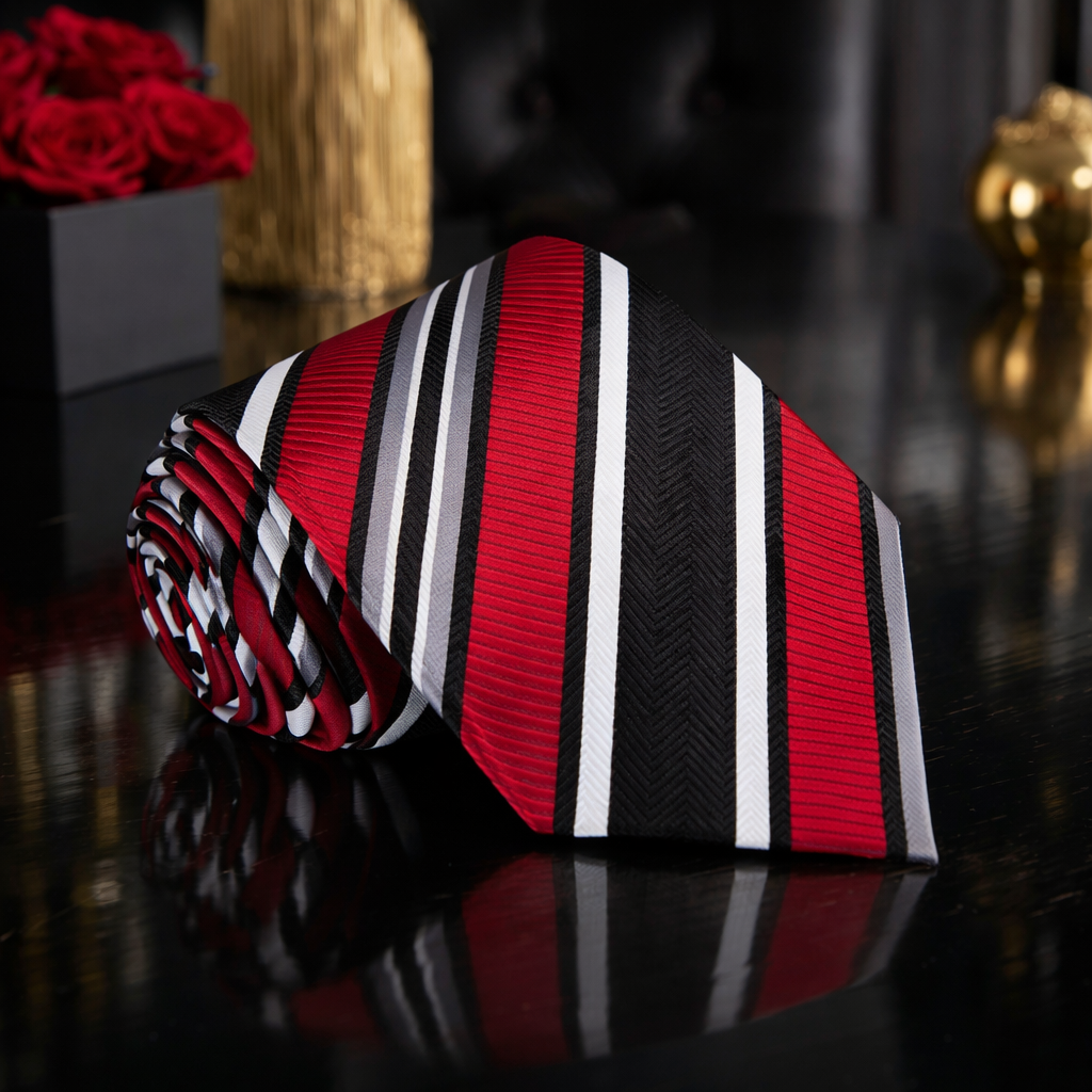 Striped tie with red, black, and white pattern on a dark surface