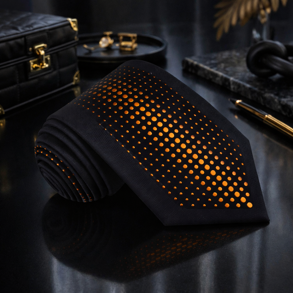 Black tie with gold dots on a dark surface