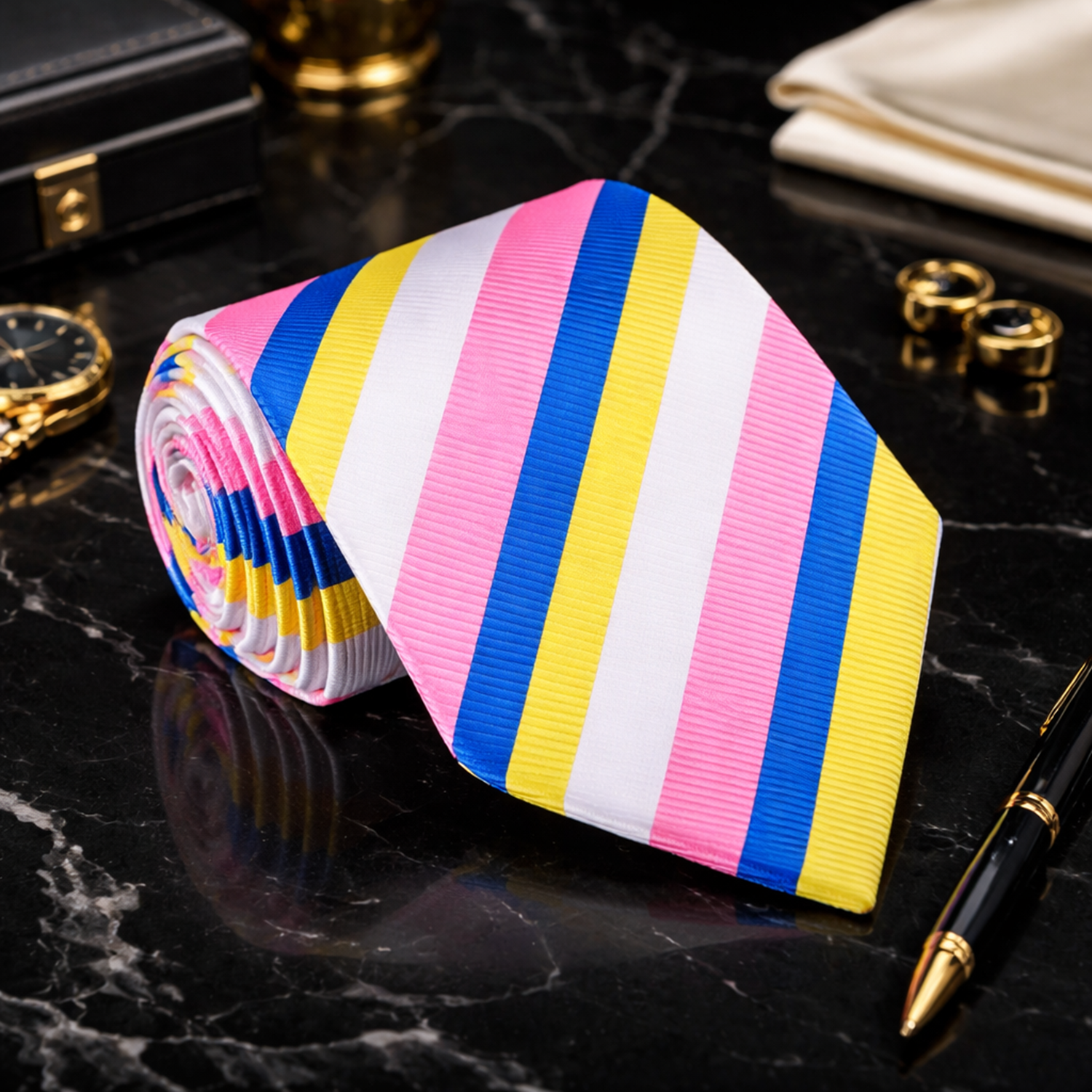 Colorful striped tie on a dark surface with accessories.