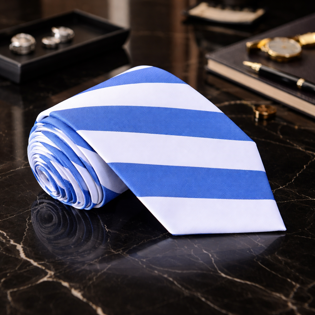 Blue and white striped tie on a dark marble surface with accessories in the background
