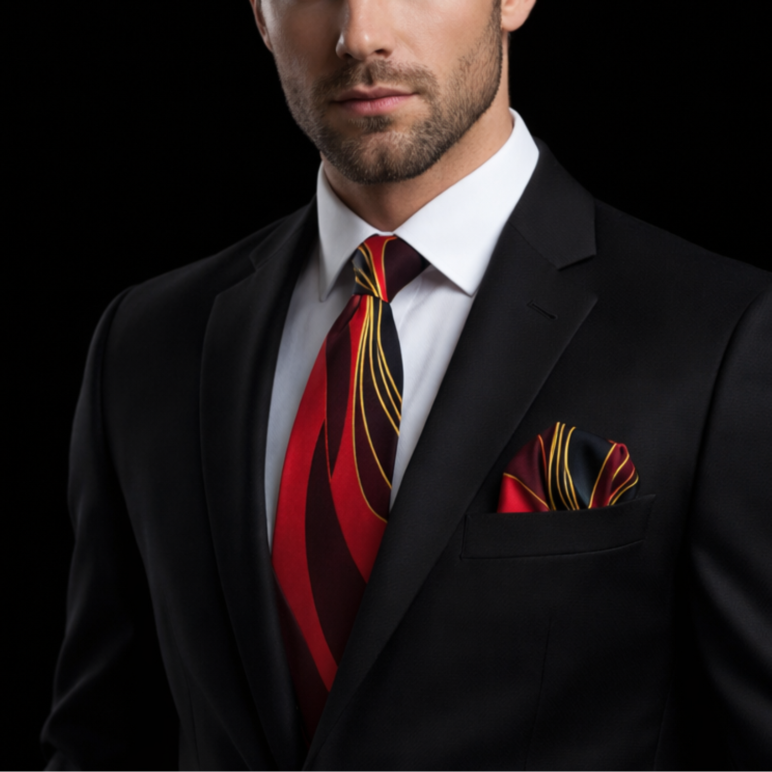 Man wearing a black suit with a red tie and pocket square on a black background