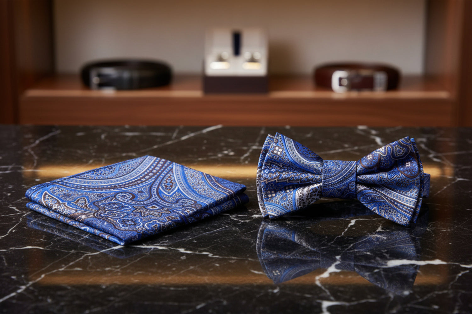 A matching men's formal accessory set featuring a paisley patterned pocket square and a matching self-tie bow tie, both in shades of blue, navy, and white, displayed 