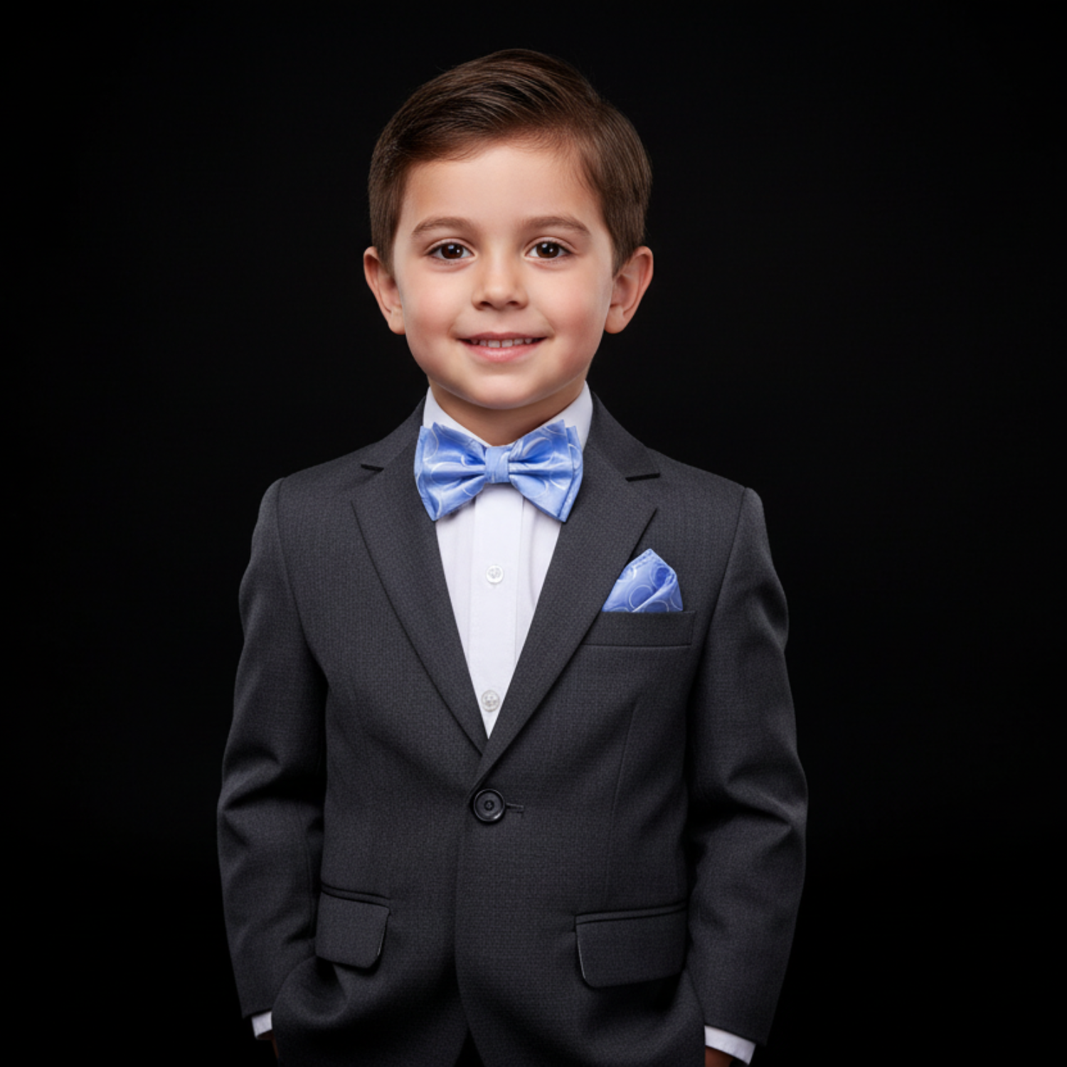 Young boy in a formal suit with a blue bow tie and pocket square on a black background