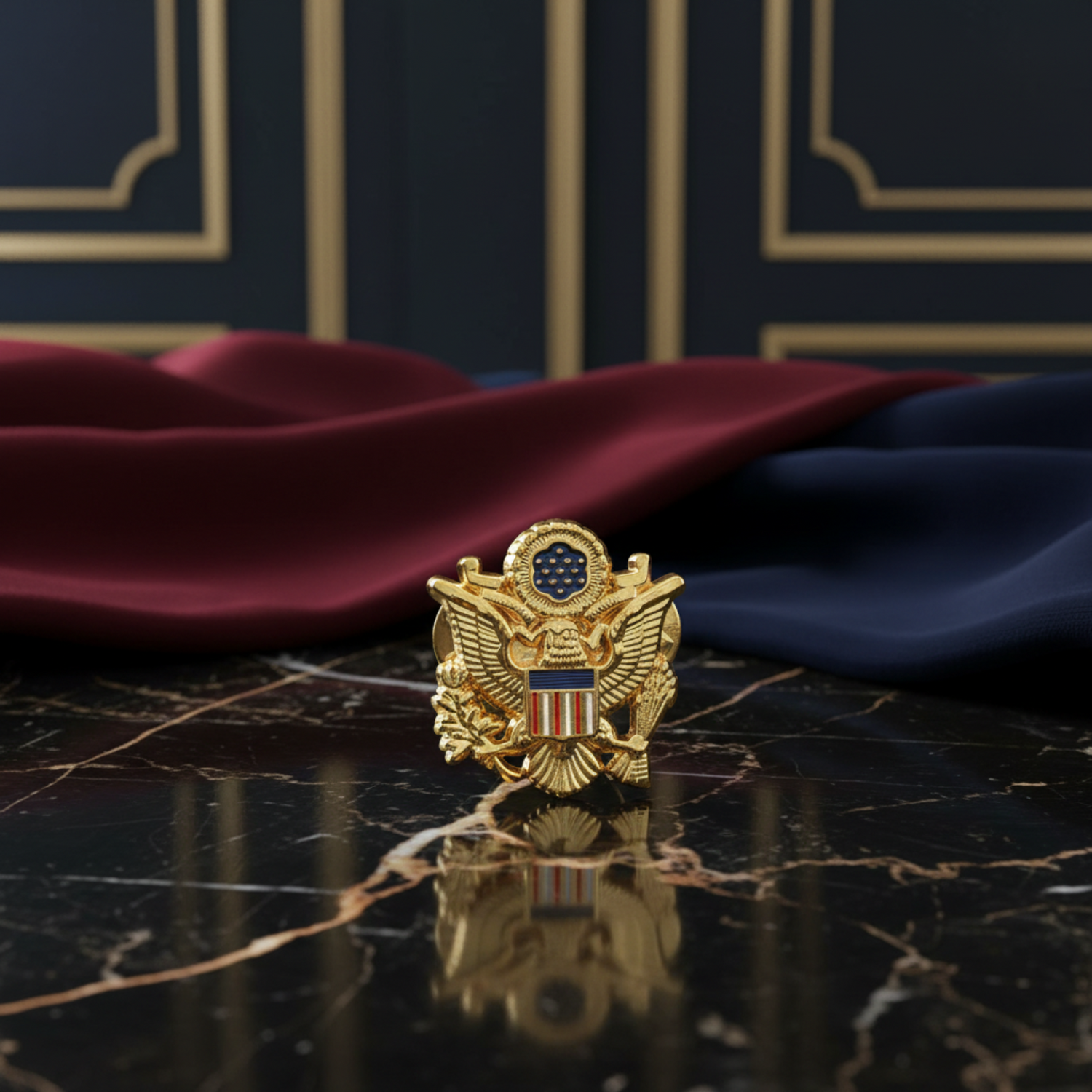 Gold eagle emblem with blue and red design 