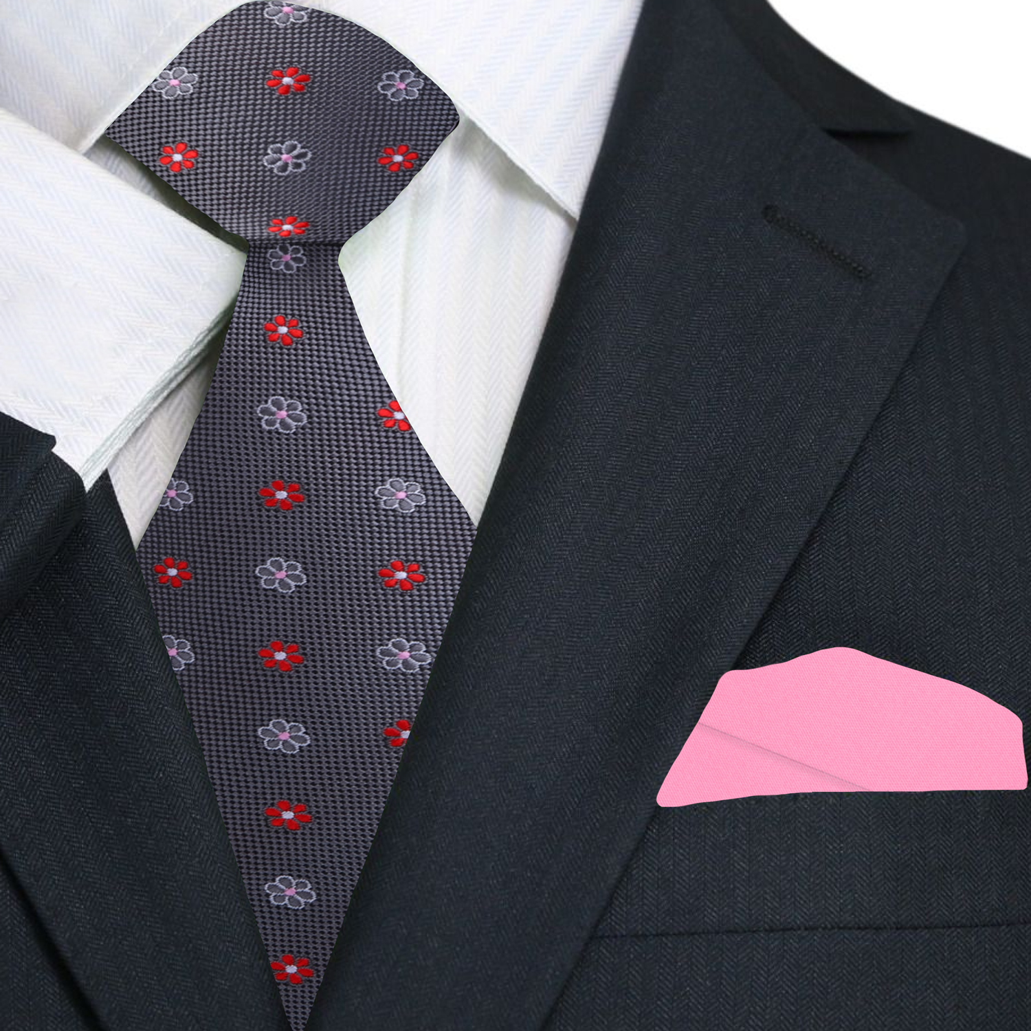 Primary Grey with Pink and Red Flowers Necktie and Pink Square