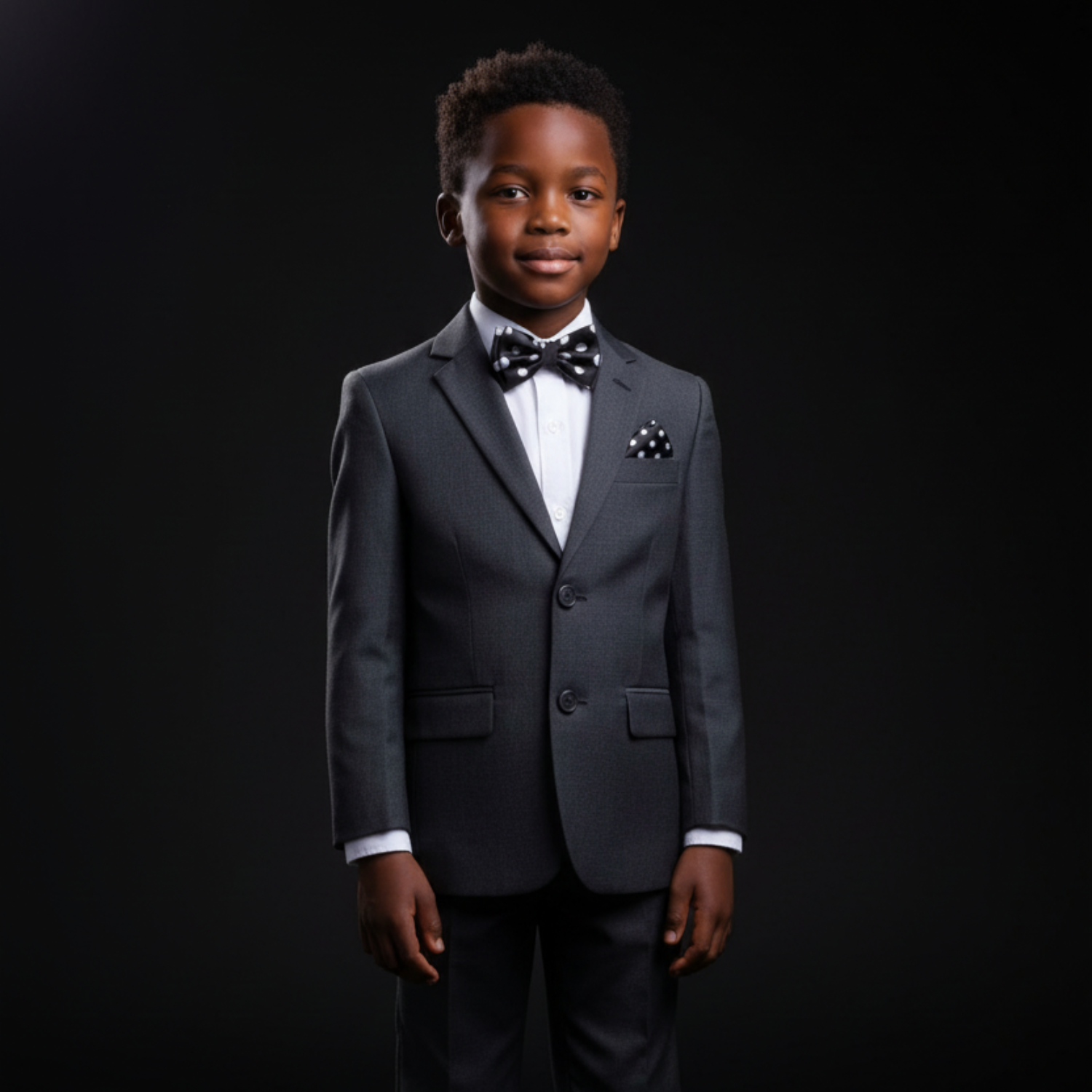 Young boy in a formal suit with a bow tie on a black background