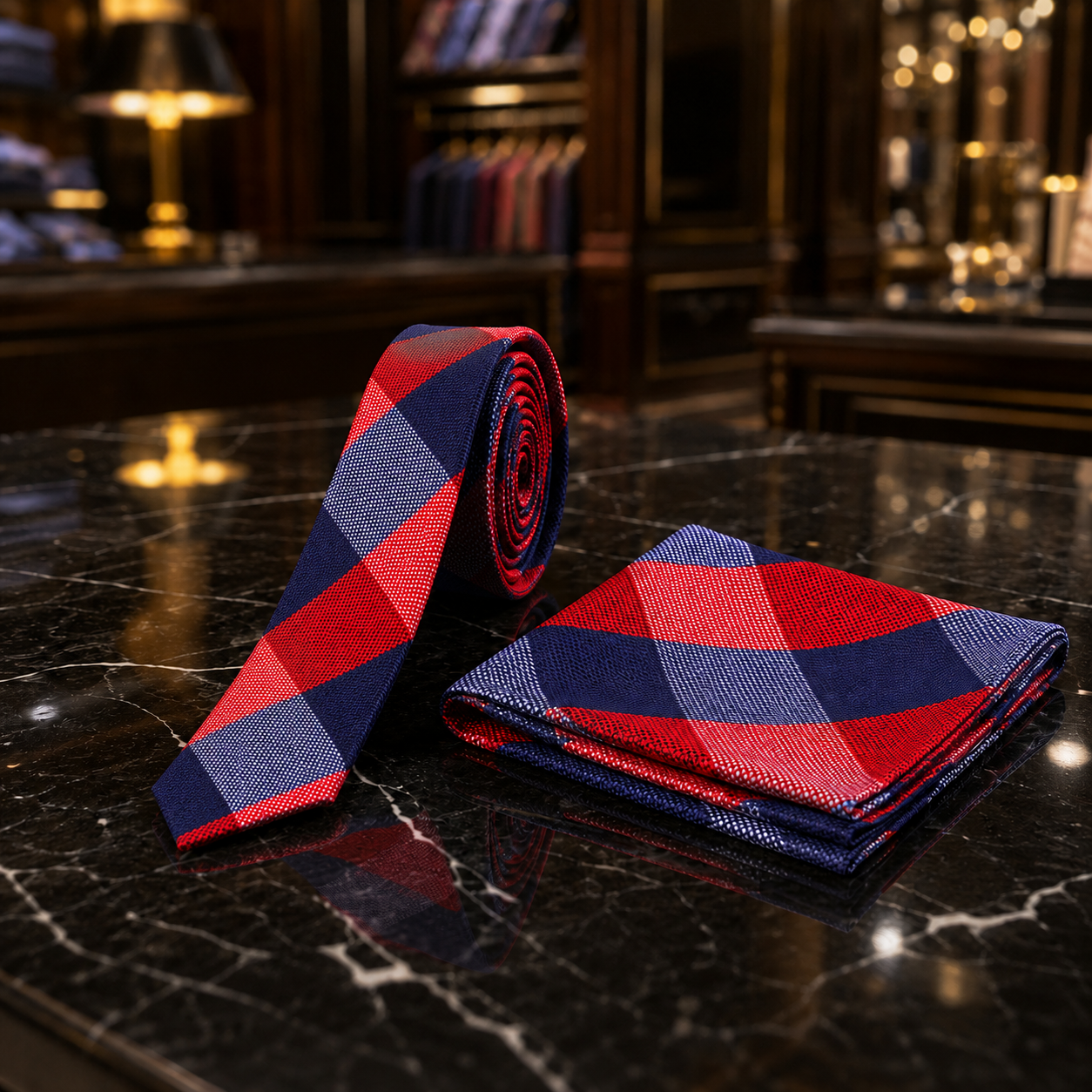 A men's necktie and matching pocket square set with a red, navy, and blue argyle pattern, displayed on a polished black marble surface in a luxury shop setting.