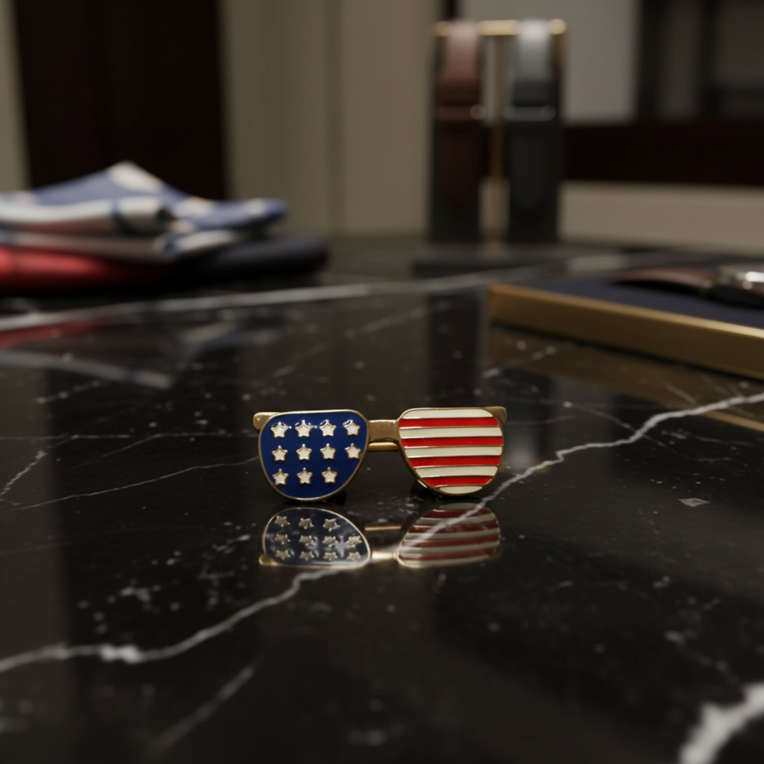 american flag sunglasses with American flag design on a dark surface